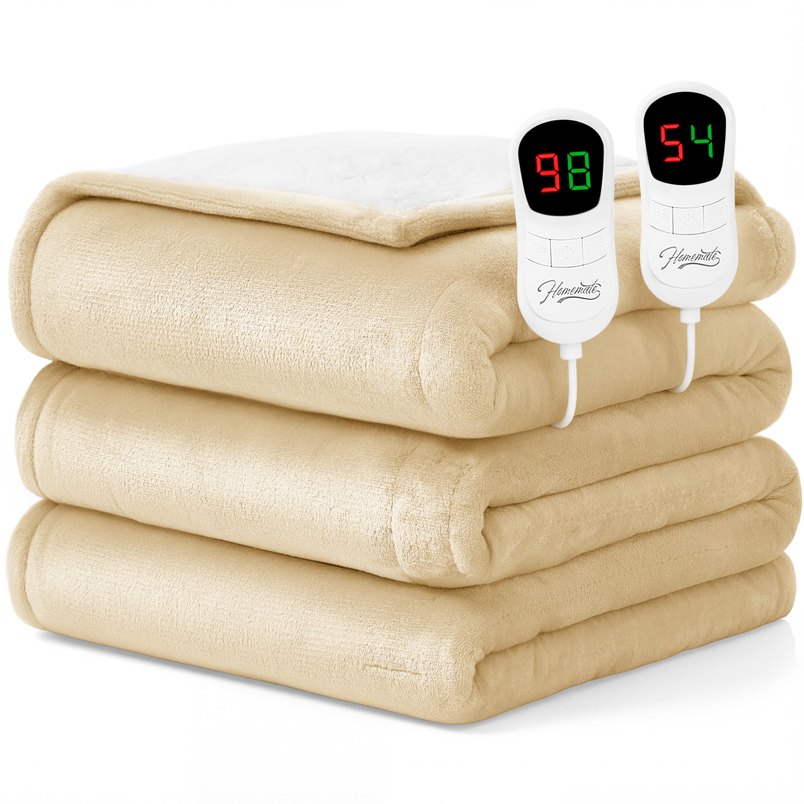 Homemate Heated Blanket Electric Throw - 50"x60" Heating Blanket Throw 1/2/4/6/8 Hours Auto-Off 10 Heat Level Over-Heat Protection Flannel Sherpa ETL Certification