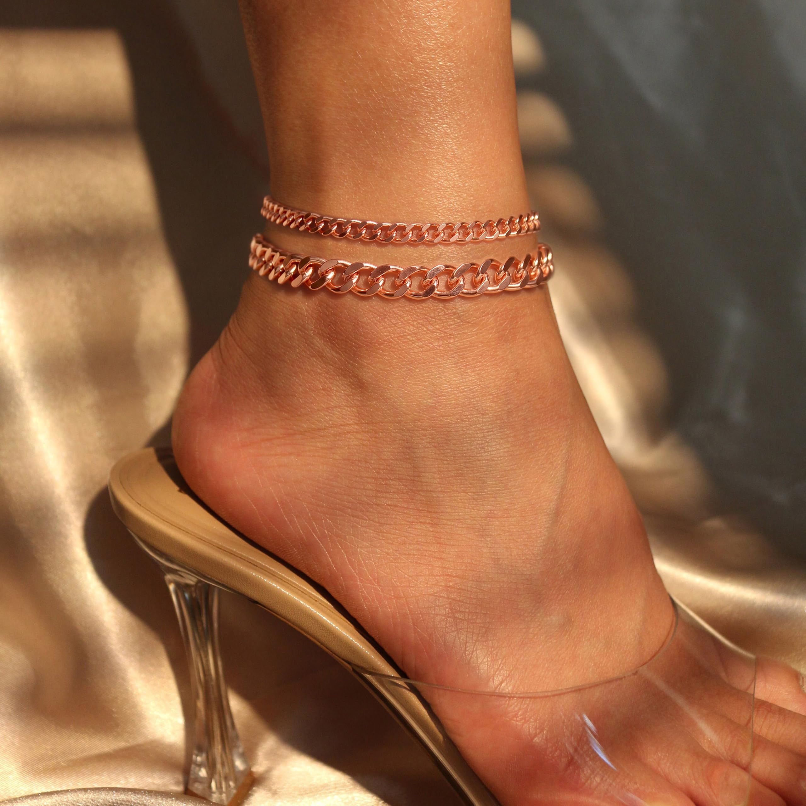 Gold Ankle Bracelets for Women Waterproof - Dainty Gold Anklets Trendy Layered 14K Gold/Silver Plated Stackable Chunky Cuban Link Chian Anklet Bracelet Set for Women Non Tarnish Beach Jewelry Gift