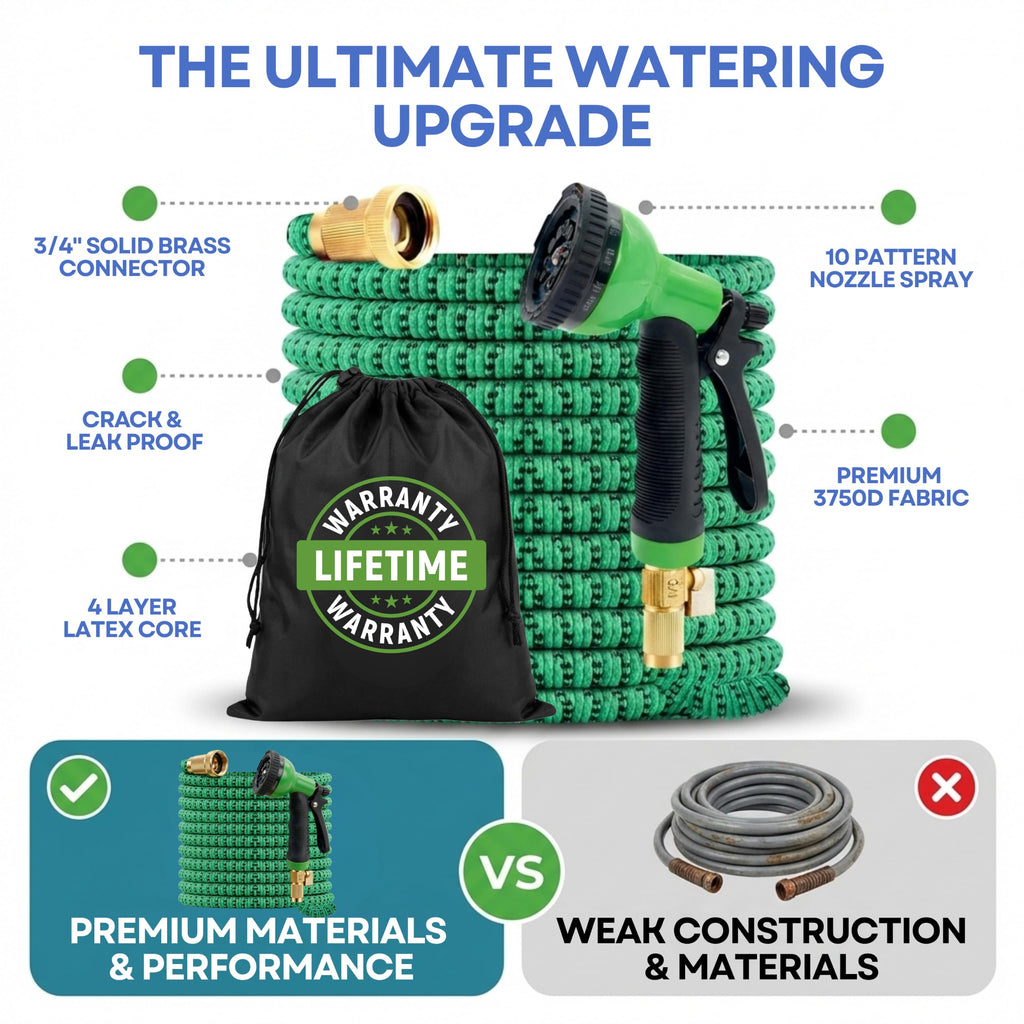 J&B XpandaHose 75ft Expandable Garden Hose, Lightweight, Brass Connectors | Ultra Strong 3750D fabric, 4-layer latex core, expands 3X, kink & leak-resistant, 10-pattern nozzle, storage bag