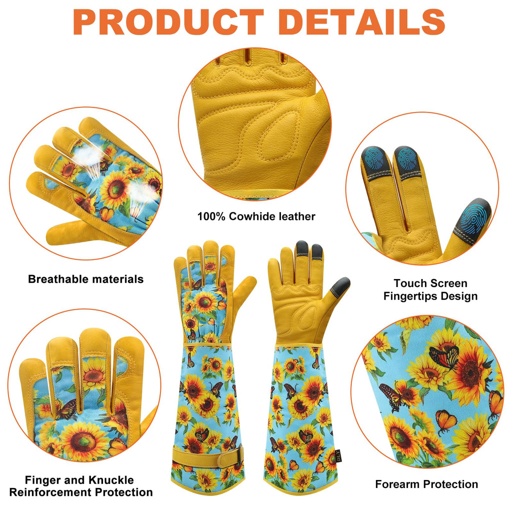 DLY Garden Gloves for Women,Gardening Gloves,Gardening Gift for Lady,Blue,M | Thornproof Cowhide Palm, Foam-Padded Grip, Long Sunflower Print Cuff, 3-Finger Touchscreen, Rose Pruning, Weeding & Yard Work
