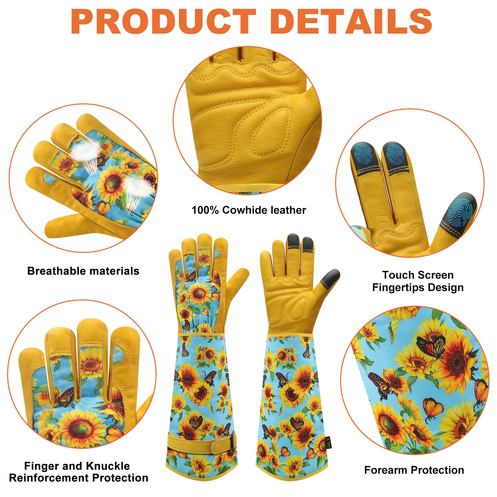 DLY Garden Gloves for Women,Gardening Gloves,Gardening Gift for Lady,Blue,M | Thornproof Cowhide Palm, Foam-Padded Grip, Long Sunflower Print Cuff, 3-Finger Touchscreen, Rose Pruning, Weeding & Yard Work