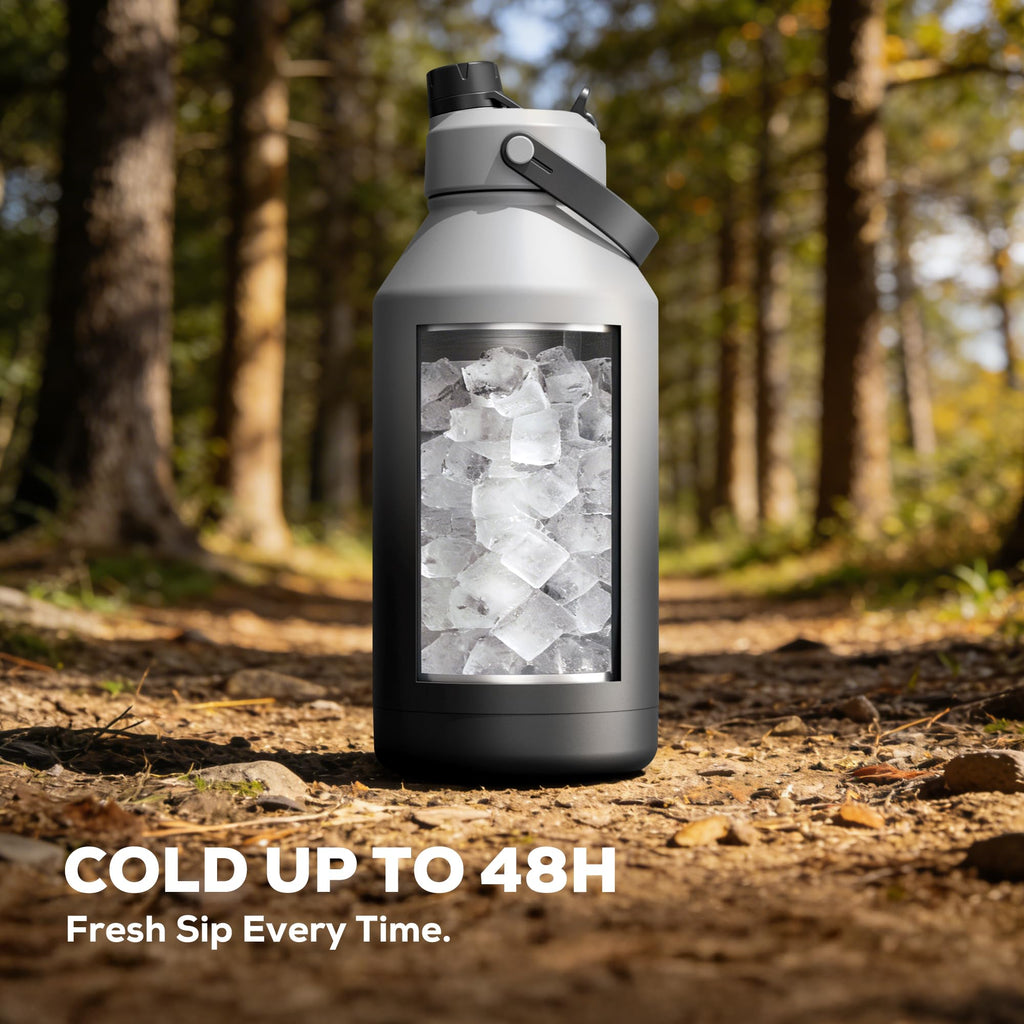 POWCAN 64 oz Insulated Water Bottle for Sports: 2-in-1 Straw & Spout Lid, Leakproof, Carrier Bag, Shoulder Strap, Keep Cold 48H, BPA-Free, Half Gallon Metal Water Jug for Gym, Travel, Gift (Midnight)