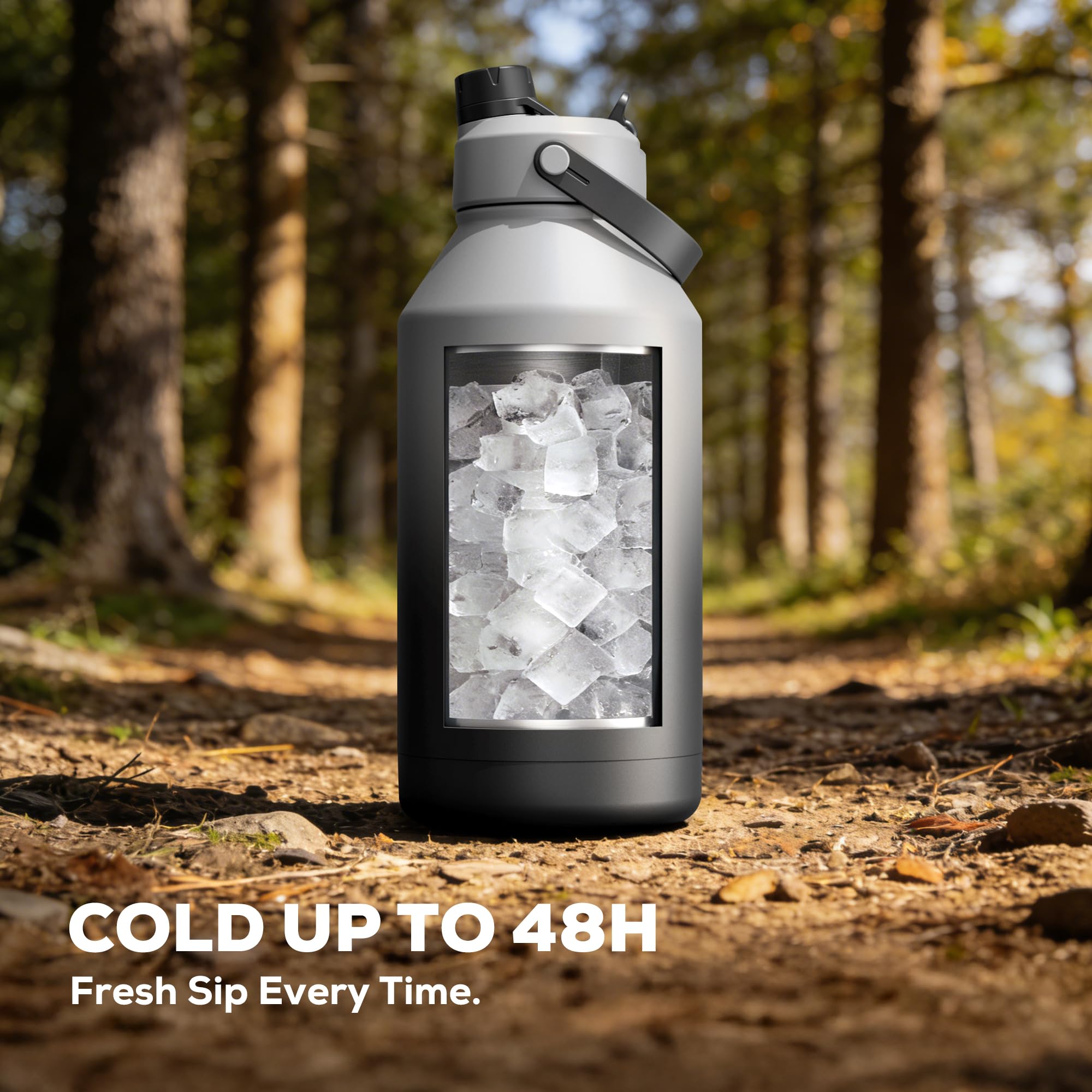 POWCAN 64 oz Insulated Water Bottle for Sports: 2-in-1 Straw & Spout Lid, Leakproof, Carrier Bag, Shoulder Strap, Keep Cold 48H, BPA-Free, Half Gallon Metal Water Jug for Gym, Travel, Gift (Midnight)