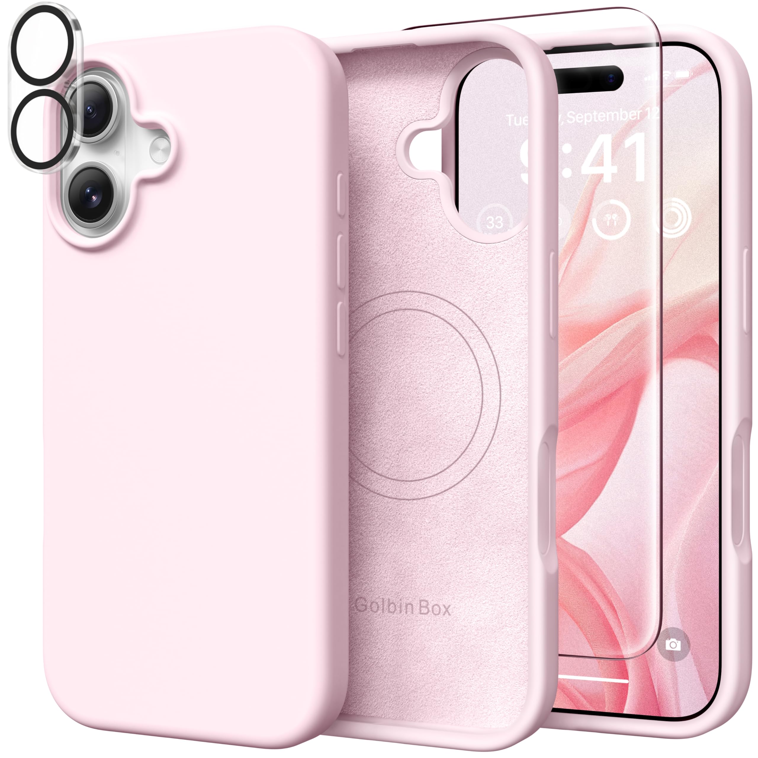 GolbinBox Magnetic for iPhone 17 Pro Max Case, Compatible with MagSafe, [Full Camera Protection] [Screen Protector], Silicone Shockproof Phone Cover with Anti-Scratch Microfiber Lining, Chalk Pink