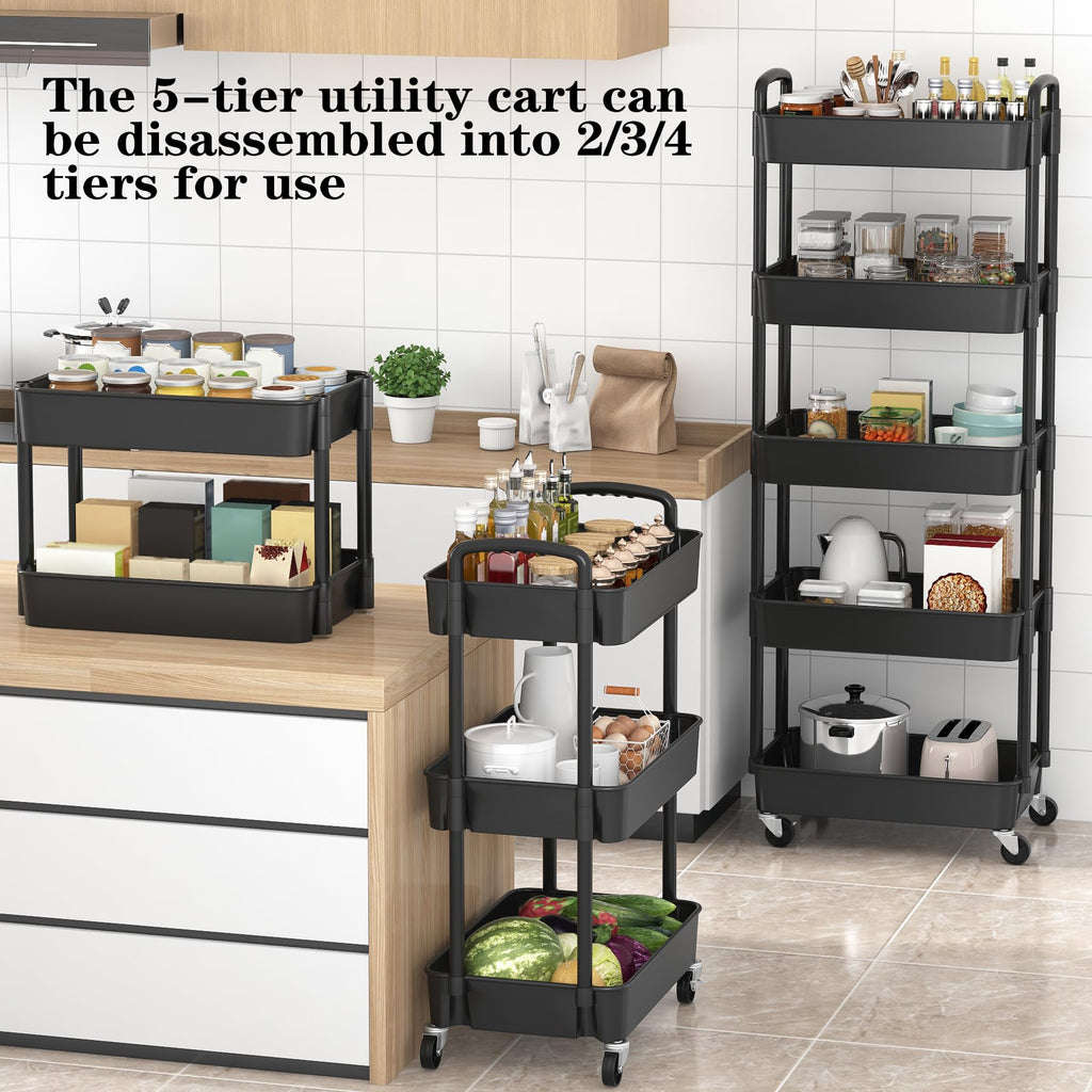 Sywhitta 3-Tier Plastic Rolling Utility Cart with Handle, Multi-Functional Storage Trolley for Office, Living Room, Kitchen, Movable Storage Organizer with Wheels, Black
