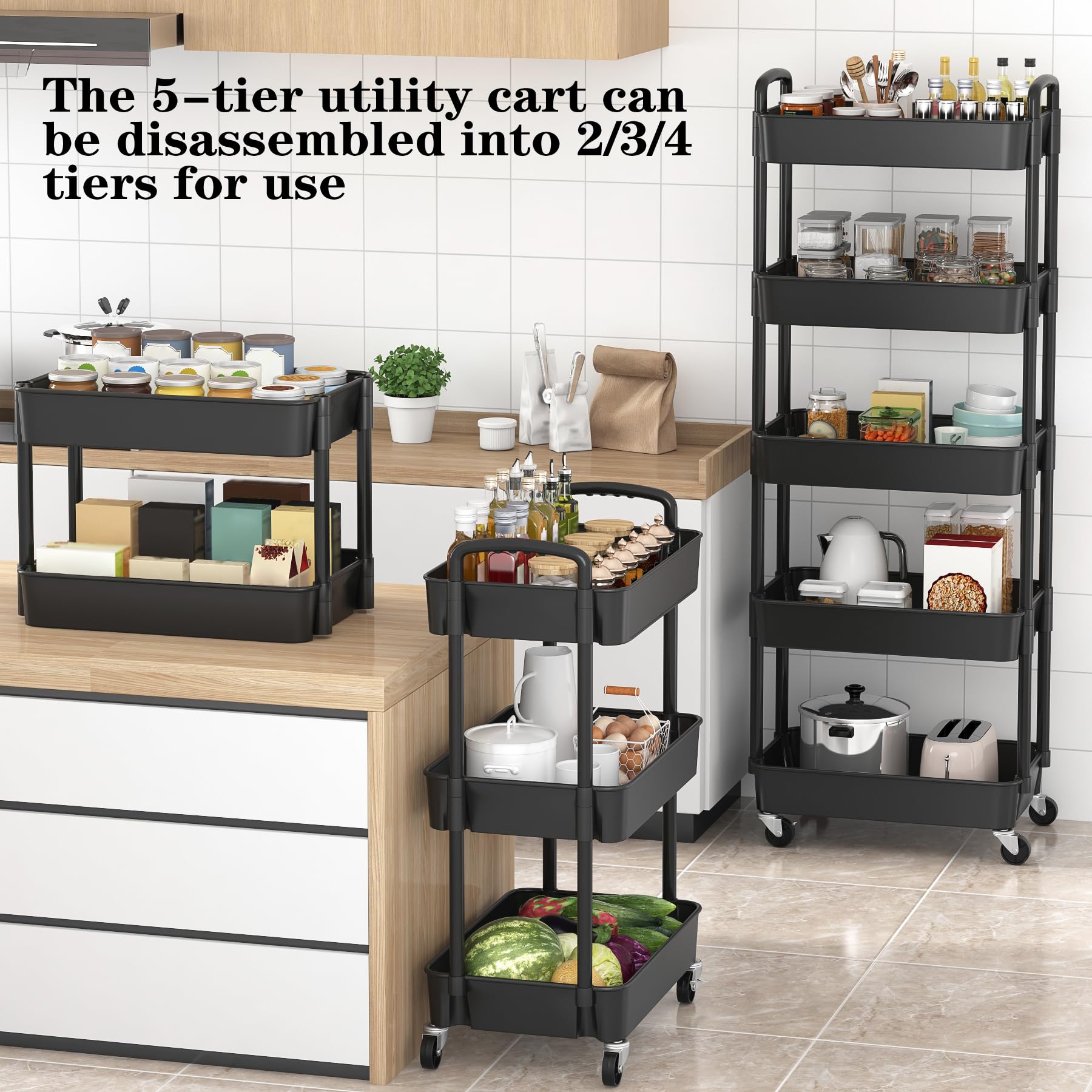 Sywhitta 3-Tier Plastic Rolling Utility Cart with Handle, Multi-Functional Storage Trolley for Office, Living Room, Kitchen, Movable Storage Organizer with Wheels, Black