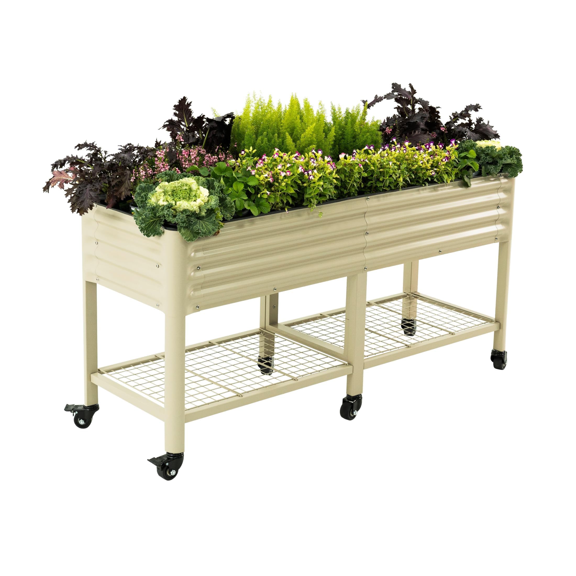 Rolling Elevated Raised Garden Bed, 2' x 4' Outdoor Planters Boxes with Legs & Storage Rack for Patio, 700 Lbs Weight Capacity, Raised Beds for Gardening Herbs Flowers, Pearl White