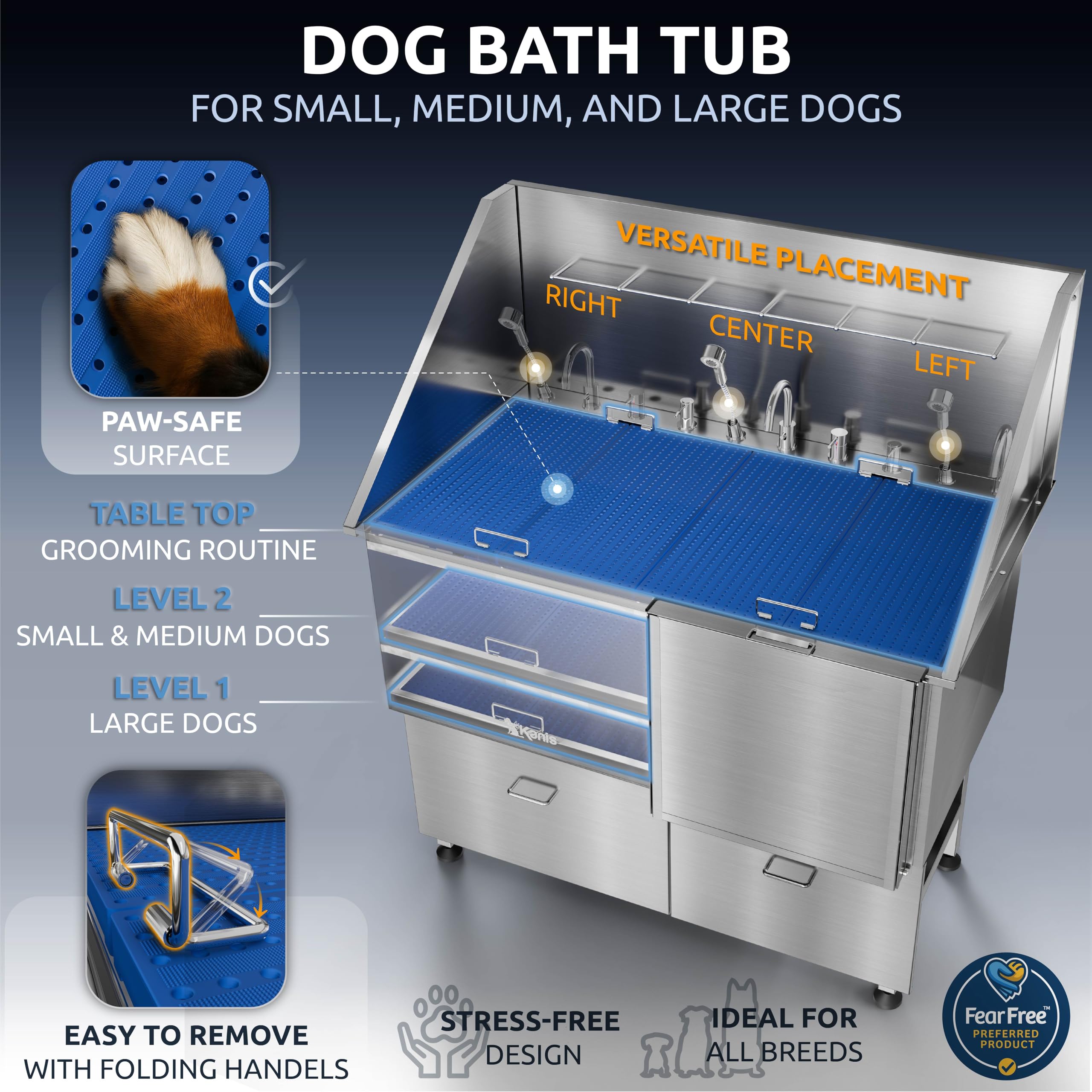 KANIS Professional Dog Washing Station 304 Stainless Steel Pet Wash Sink & Grooming Bathtub w/Shower, Floor Grates and Storage for Large, Medium & Small Pets (Silver, 50 Inches, Right Ramp, 1 Drawer)