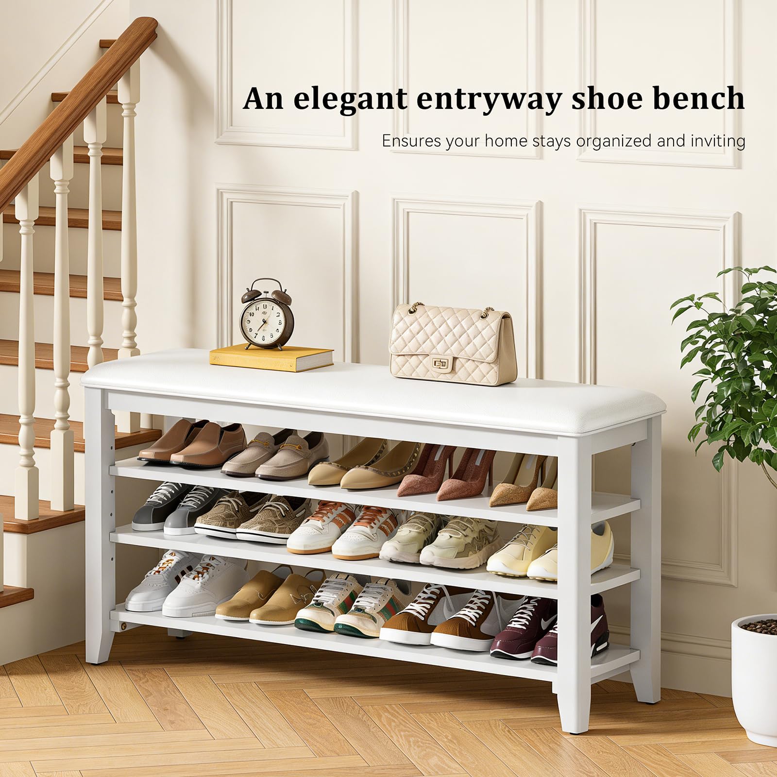 Taitiy Shoe Bench Storage Rubberwood with Leather Cushion for Entryway Bench Ideal for Hallways Shoe Rack Front Doors Entrances Mudrooms Featuring 3 Height-Adjustable and Removable Shelves