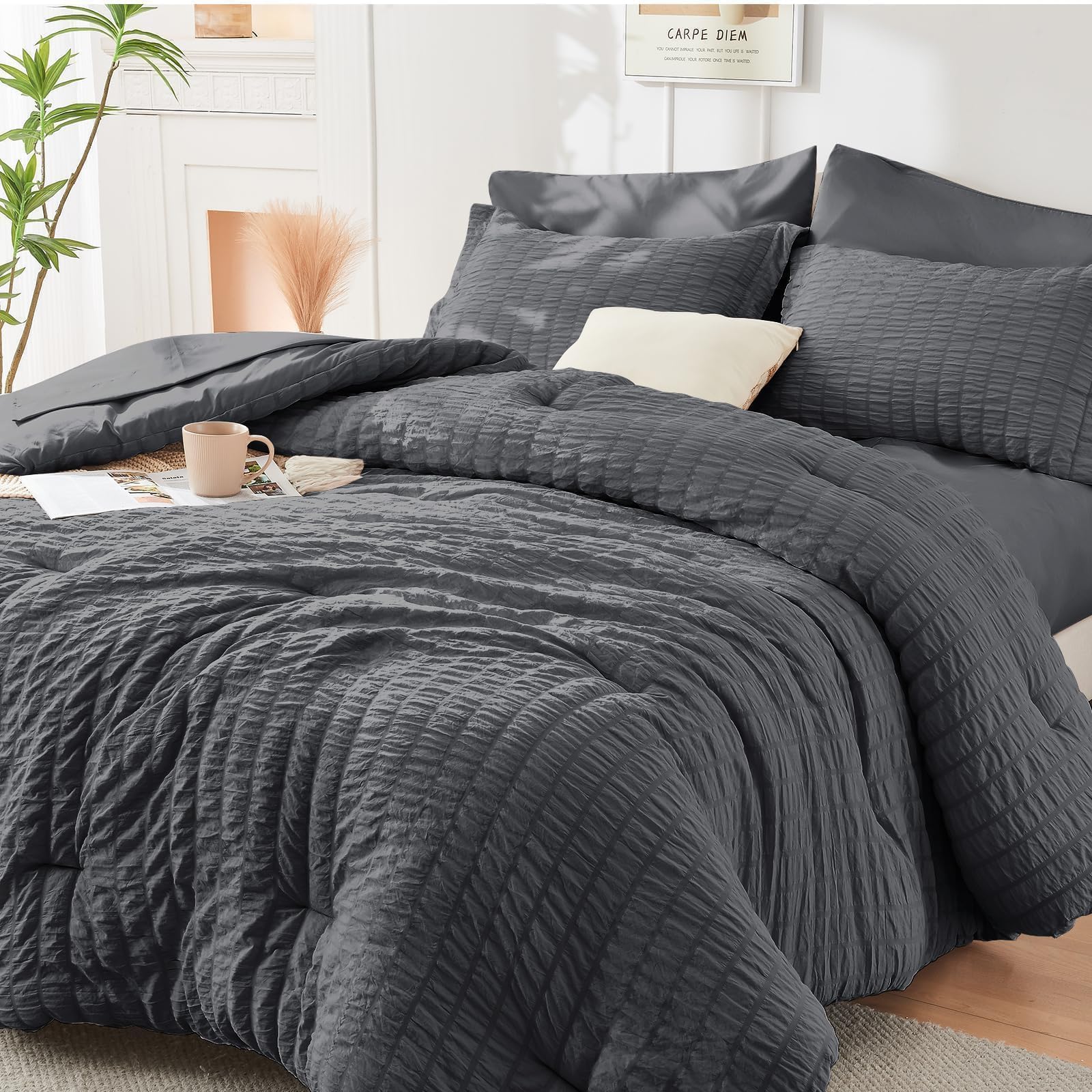 HYMOKEGE Twin XL Comforter Set Seersucker 5 Pieces, All Season Luxury Bed in a Bag for Bedroom, Bedding Set with Comforter, Sheet, Pillowcase & Sham, Dark Grey