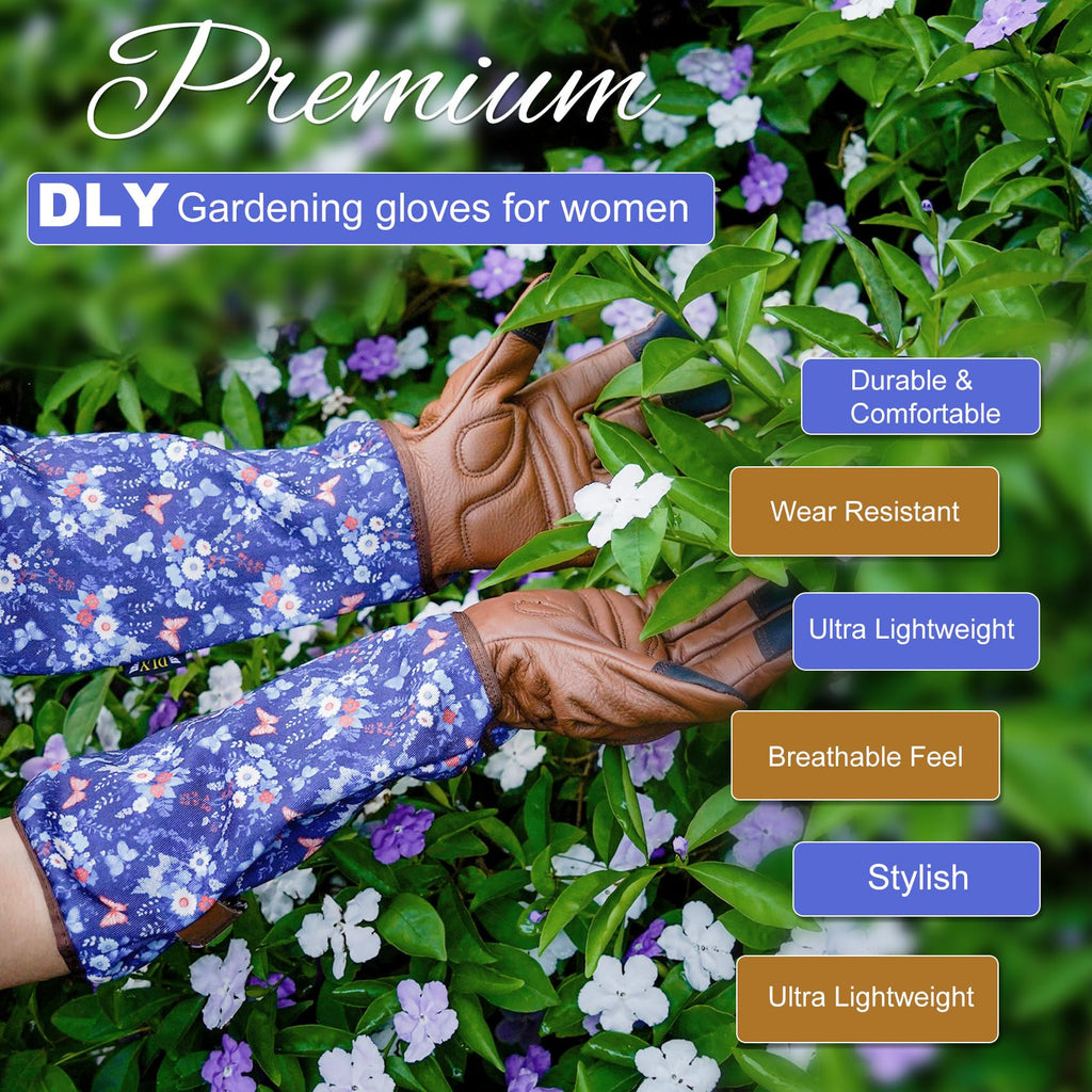 DLY Garden Gloves for Women,Gardening Gloves,Gardening Gift for Lady,Blue,M | Thornproof Cowhide Palm, Foam-Padded Grip, Long Sunflower Print Cuff, 3-Finger Touchscreen, Rose Pruning, Weeding & Yard Work