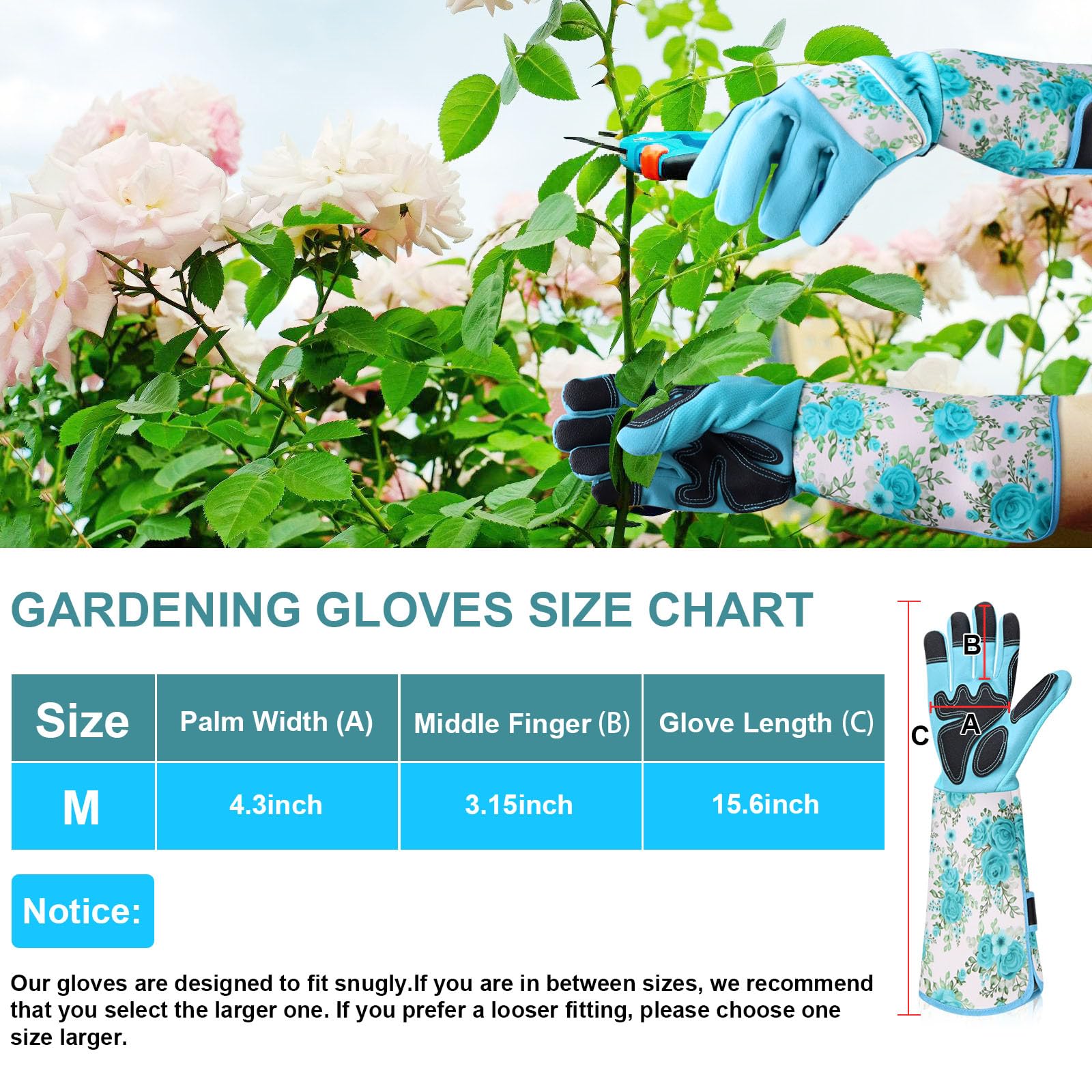 DLY Garden Gloves for Women,Gardening Gloves,Gardening Gift for Lady,Blue,M | Thornproof Cowhide Palm, Foam-Padded Grip, Long Sunflower Print Cuff, 3-Finger Touchscreen, Rose Pruning, Weeding & Yard Work