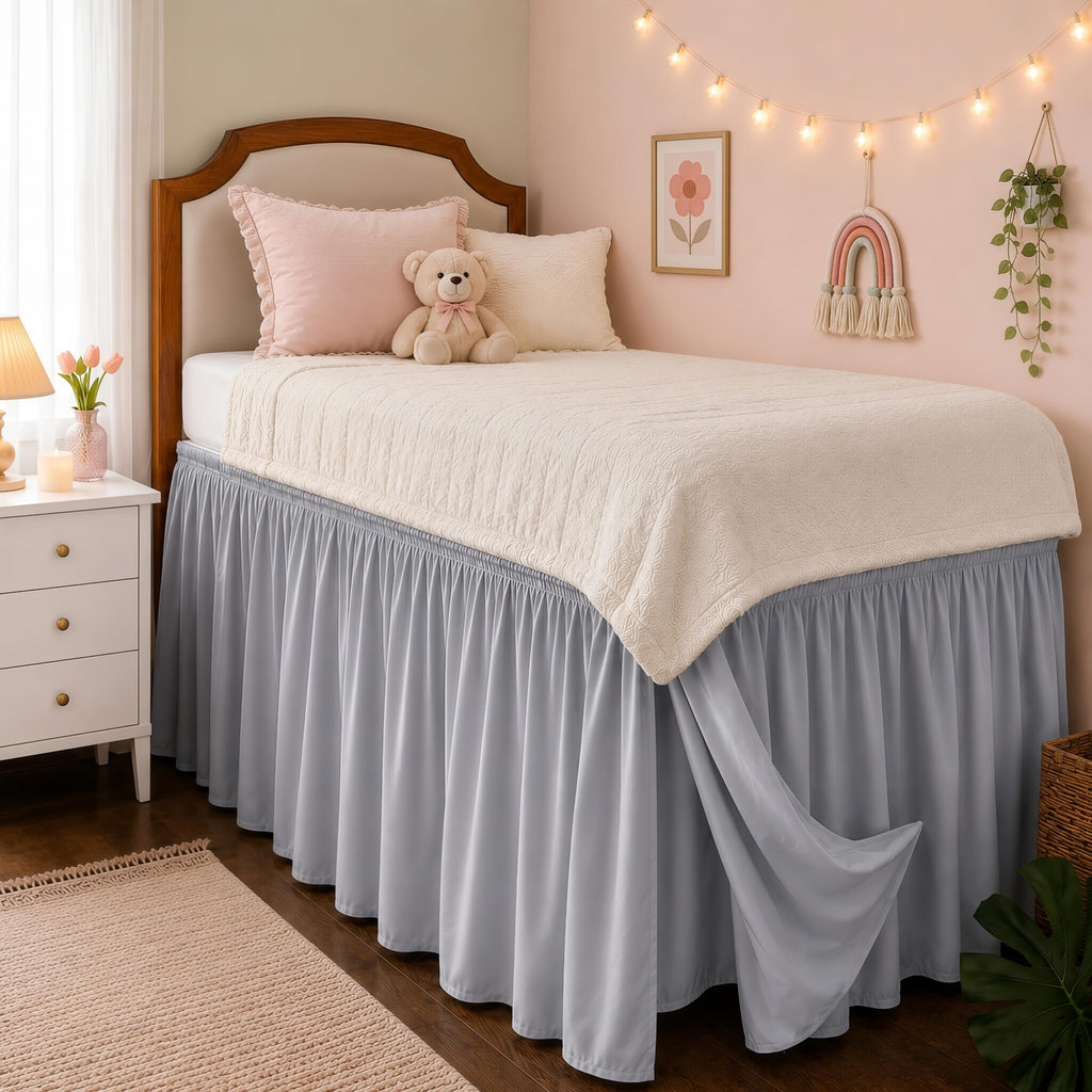 RIMELA Dorm Bed Skirt Twin XL 32 Inch Drop, Easy to Install Extra Long Wrap Around Elastic Dust Ruffle, White Bedskirt Solid Silky Fabric Machine Washable, Bedroom Decor