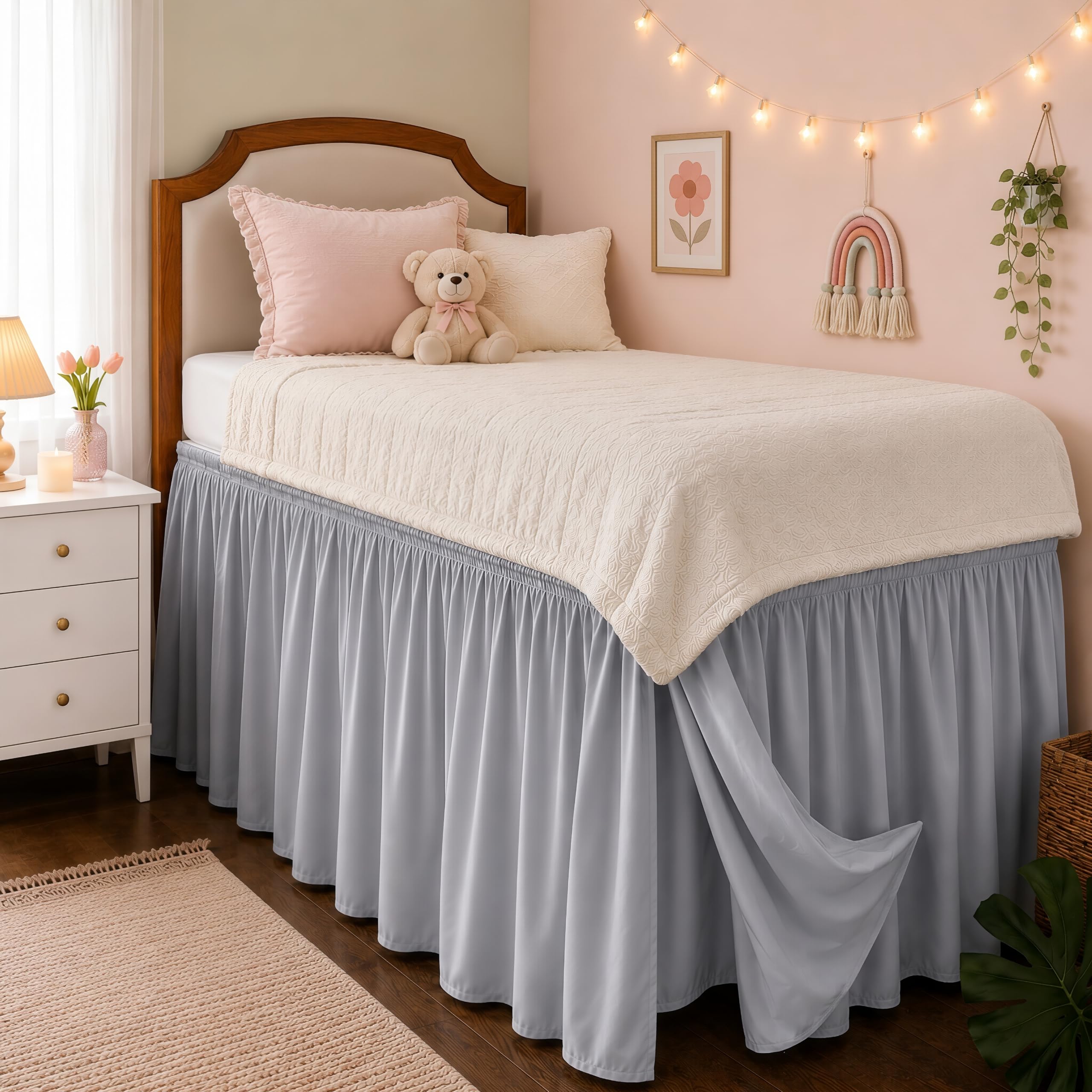 RIMELA Dorm Bed Skirt Twin XL 32 Inch Drop, Easy to Install Extra Long Wrap Around Elastic Dust Ruffle, White Bedskirt Solid Silky Fabric Machine Washable, Bedroom Decor