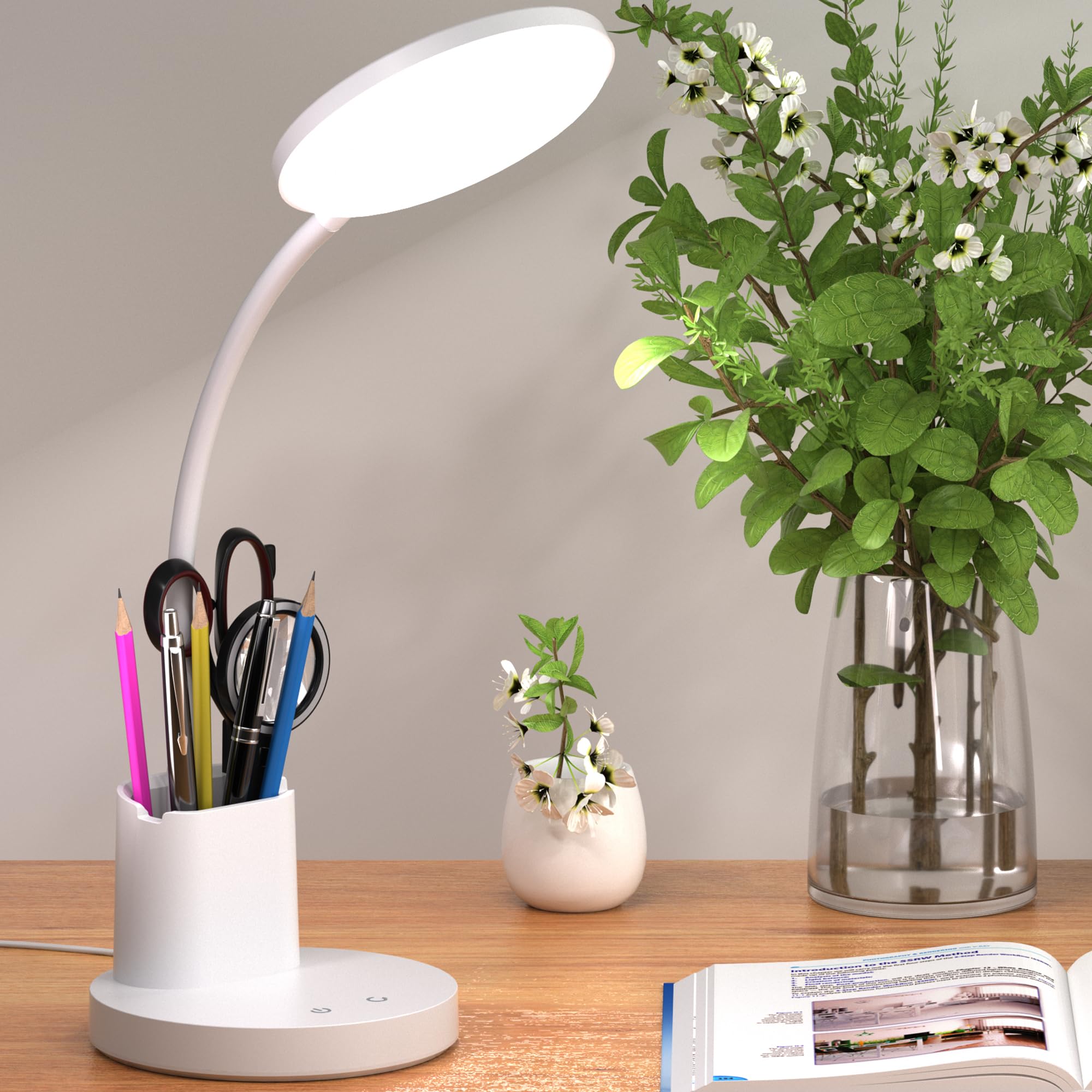 LED Desk Lamp with Wireless Charger for Home Office, Black | 3 Color Modes Dimmable Eye-Caring Study Desk Light for College Dorm Room, 360° Flexible Arm, Built-in Pen Holder, 800 Lumen