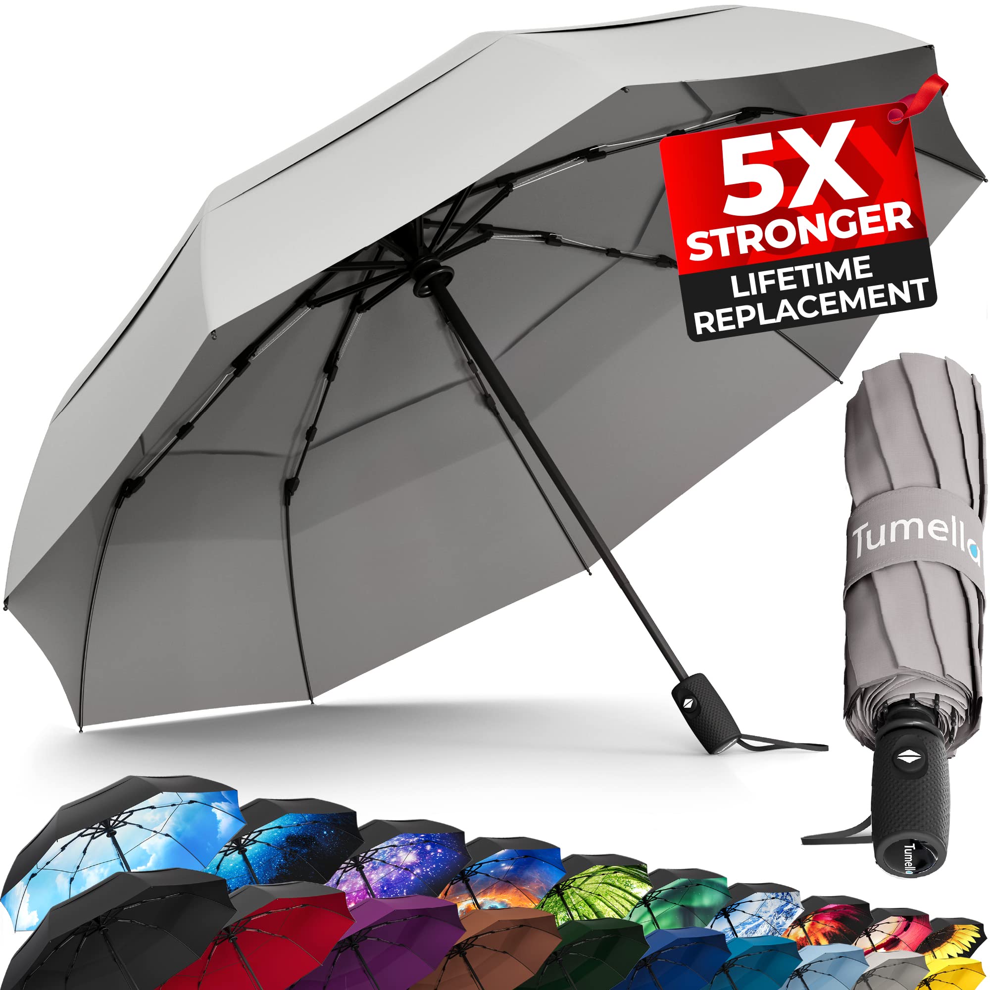 TUMELLA Strongest Windproof Travel Umbrella (Compact, 100MPH Wind-Tested), Light, Portable, One-Handed Use, Automatic Folding Rain Umbrella, Durable, Premium Grip, Fits Car & Backpack
