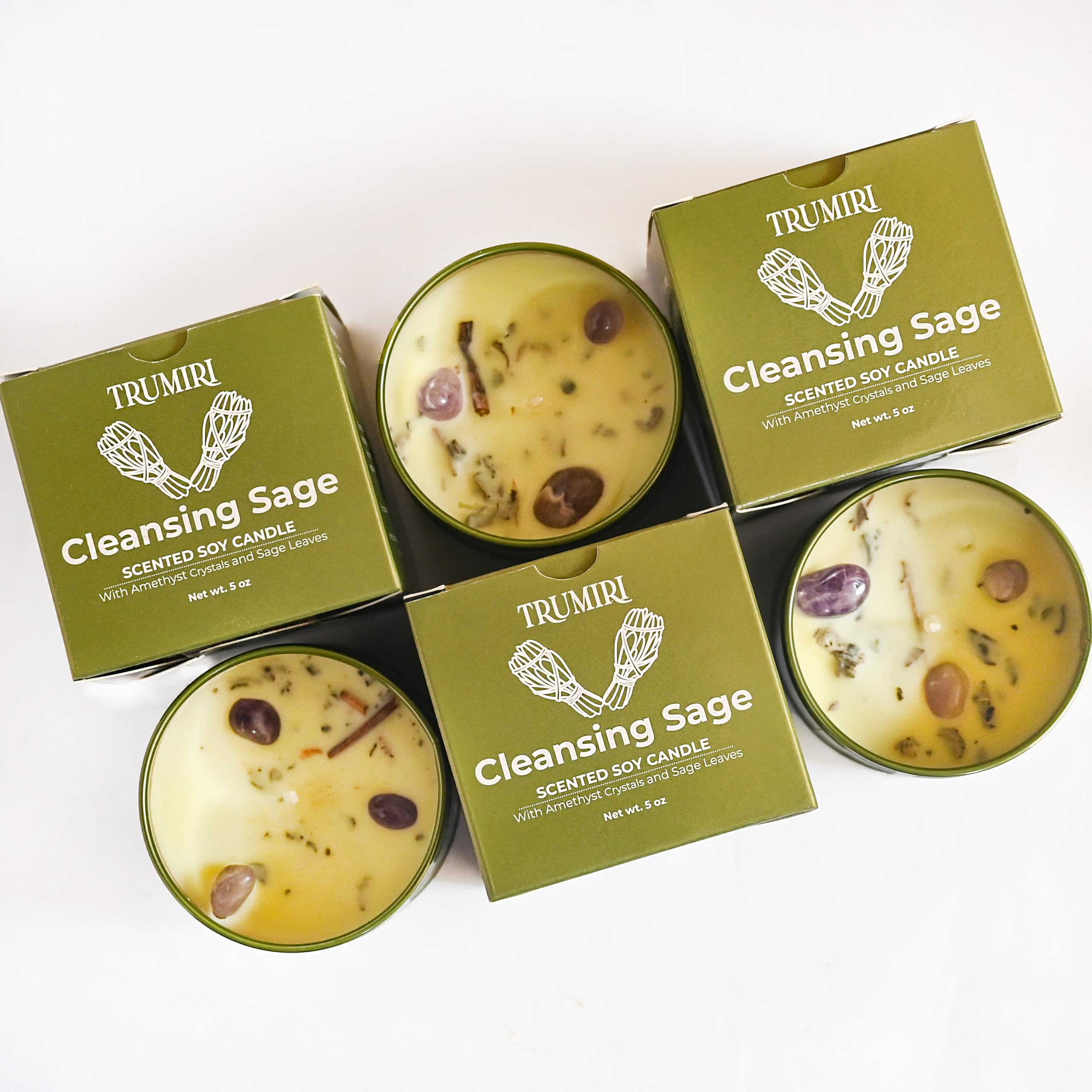 Sage Candle for Cleansing House Negative Energy Smudge Kit - 5oz Soy Wax Natural Clean Organic Non Toxic - Aromatherapy Spiritual Meditation Gifts - Long Lasting Highly Scented Candel with Crystals