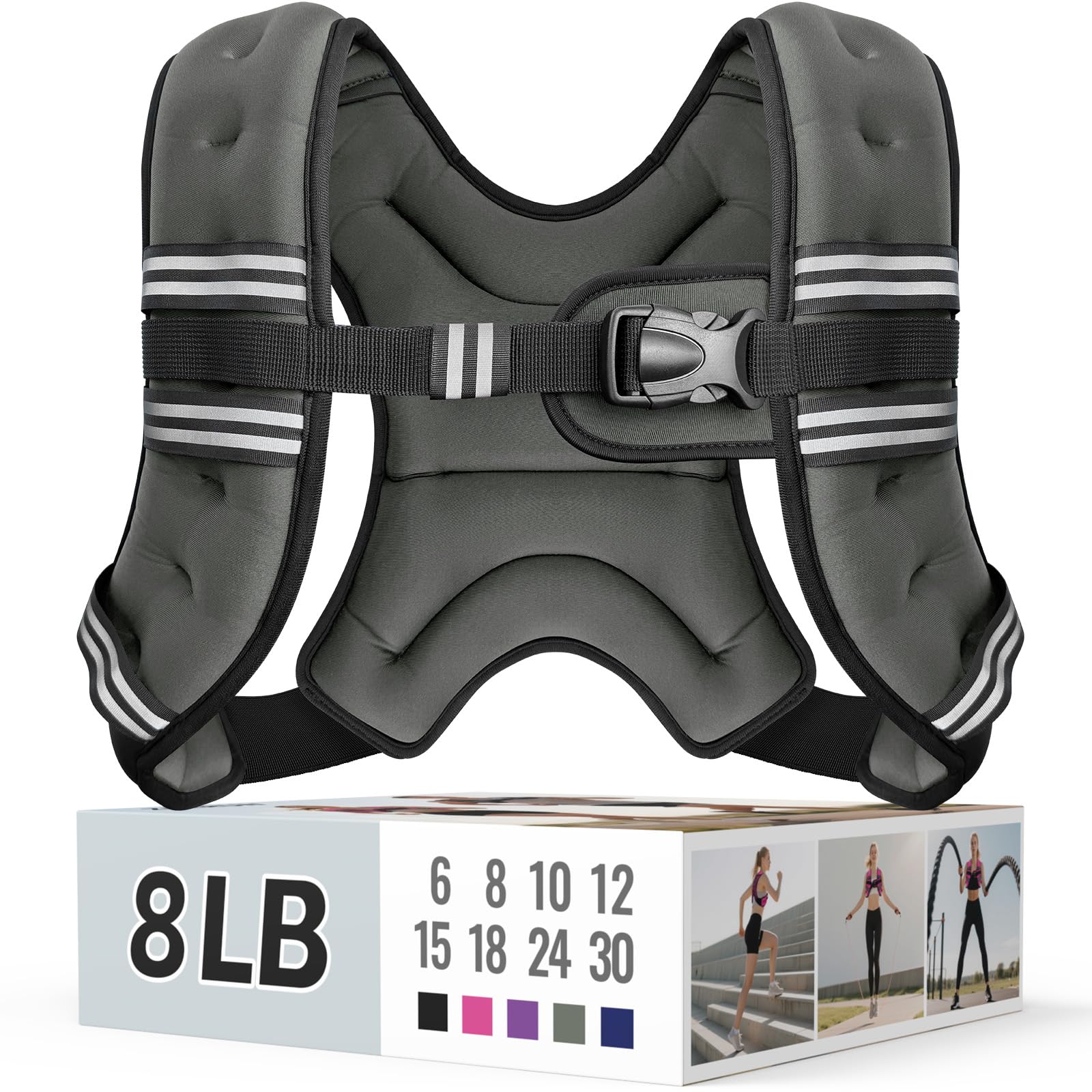 Zeerun Weighted Vest, 6lb/8lb/10lb/12lb/15lb/18lb/20lb/24lb/30lb for Men Women, Reflective Stripe Adjustable Buckle, Comfortable Durable Rucking Vest for Walking Running Strength Training