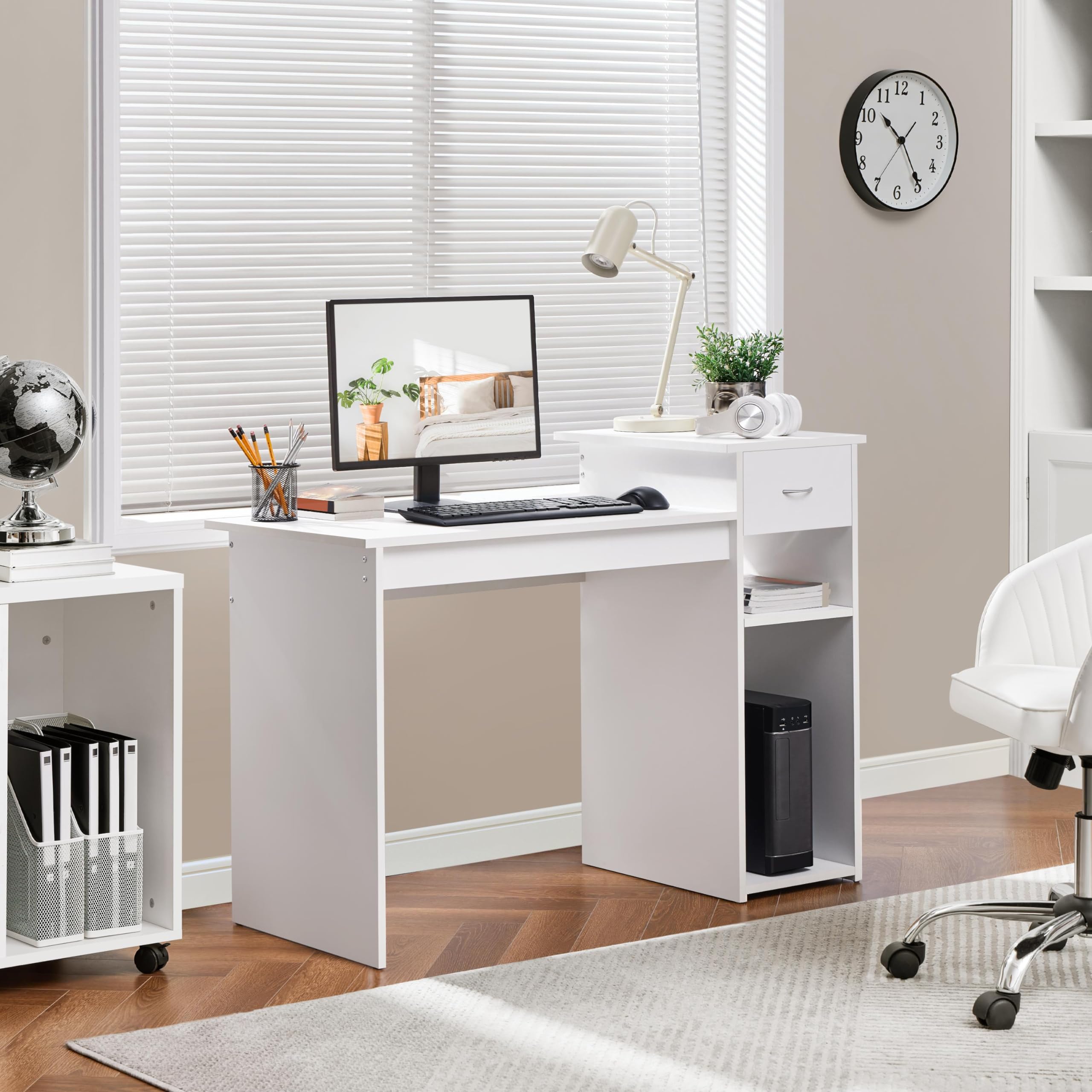 Yaheetech Black Computer Desk and Chair Set with Drawer, Shelves, Mesh Seat | Particle Board and MDF Build a Sturdy Desk with a Drawer and Elevated Platform, Paired with a Mesh Chair for Adults.