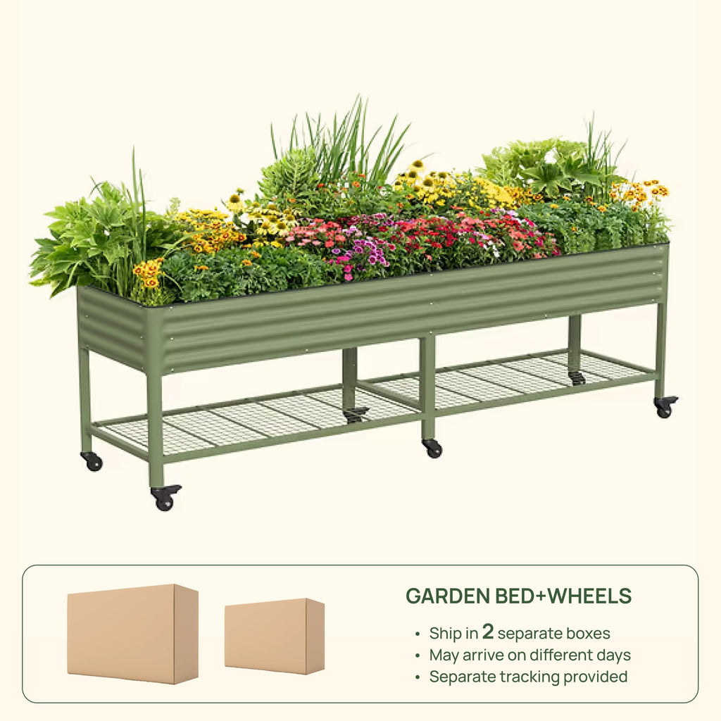 Rolling Elevated Raised Garden Bed, 2' x 4' Outdoor Planters Boxes with Legs & Storage Rack for Patio, 700 Lbs Weight Capacity, Raised Beds for Gardening Herbs Flowers, Pearl White