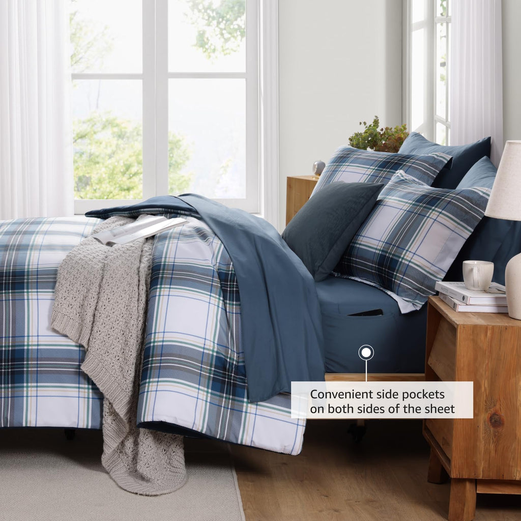 MaiRêve Plaid Twin XL Comforter Set Navy Blue 5 Pieces Dorm Bed in a Bag | Rustic Farmhouse Bedding Sets for Boys Teen with Sheets, Pillowcase & Sham