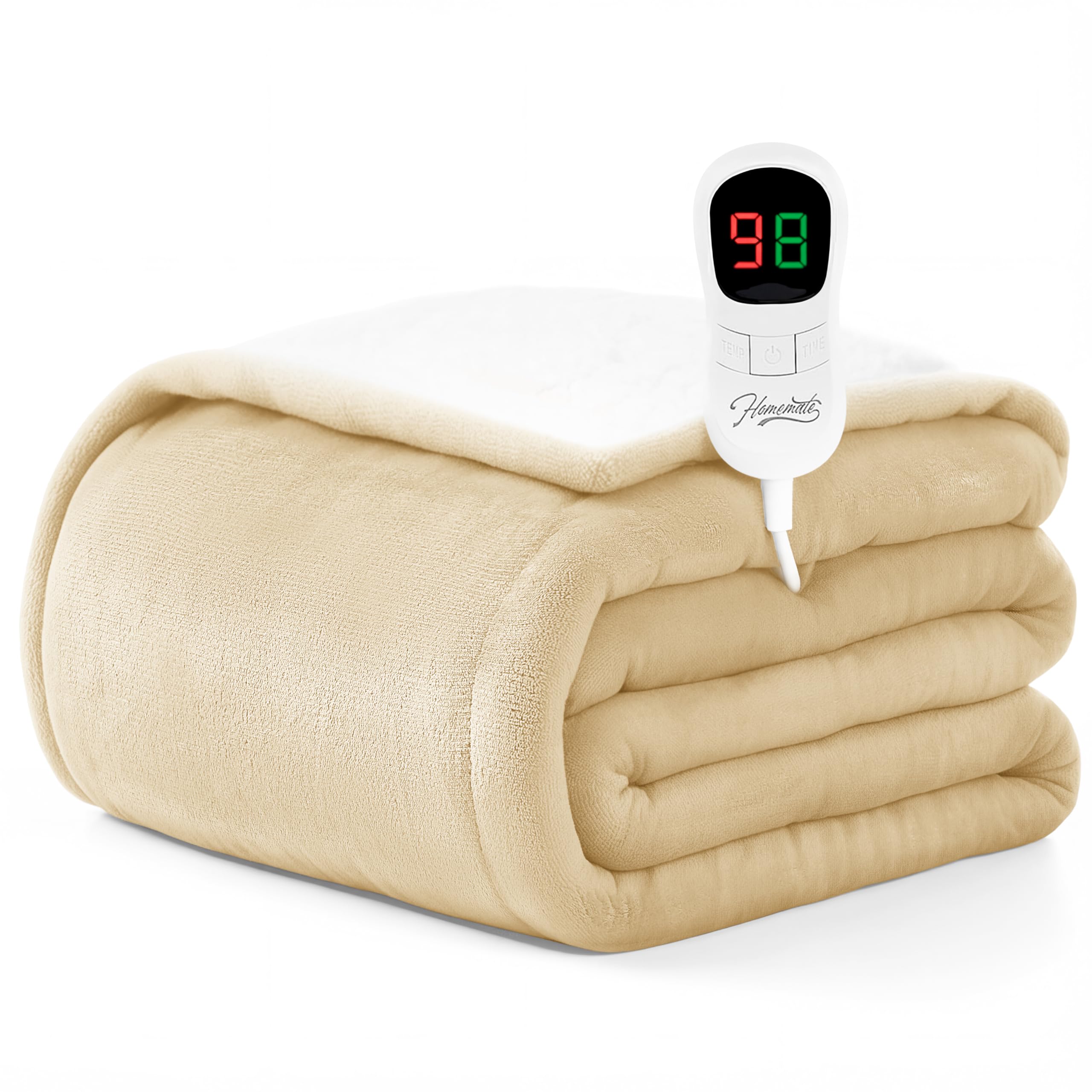 Homemate Heated Blanket Electric Throw - 50"x60" Heating Blanket Throw 1/2/4/6/8 Hours Auto-Off 10 Heat Level Over-Heat Protection Flannel Sherpa ETL Certification