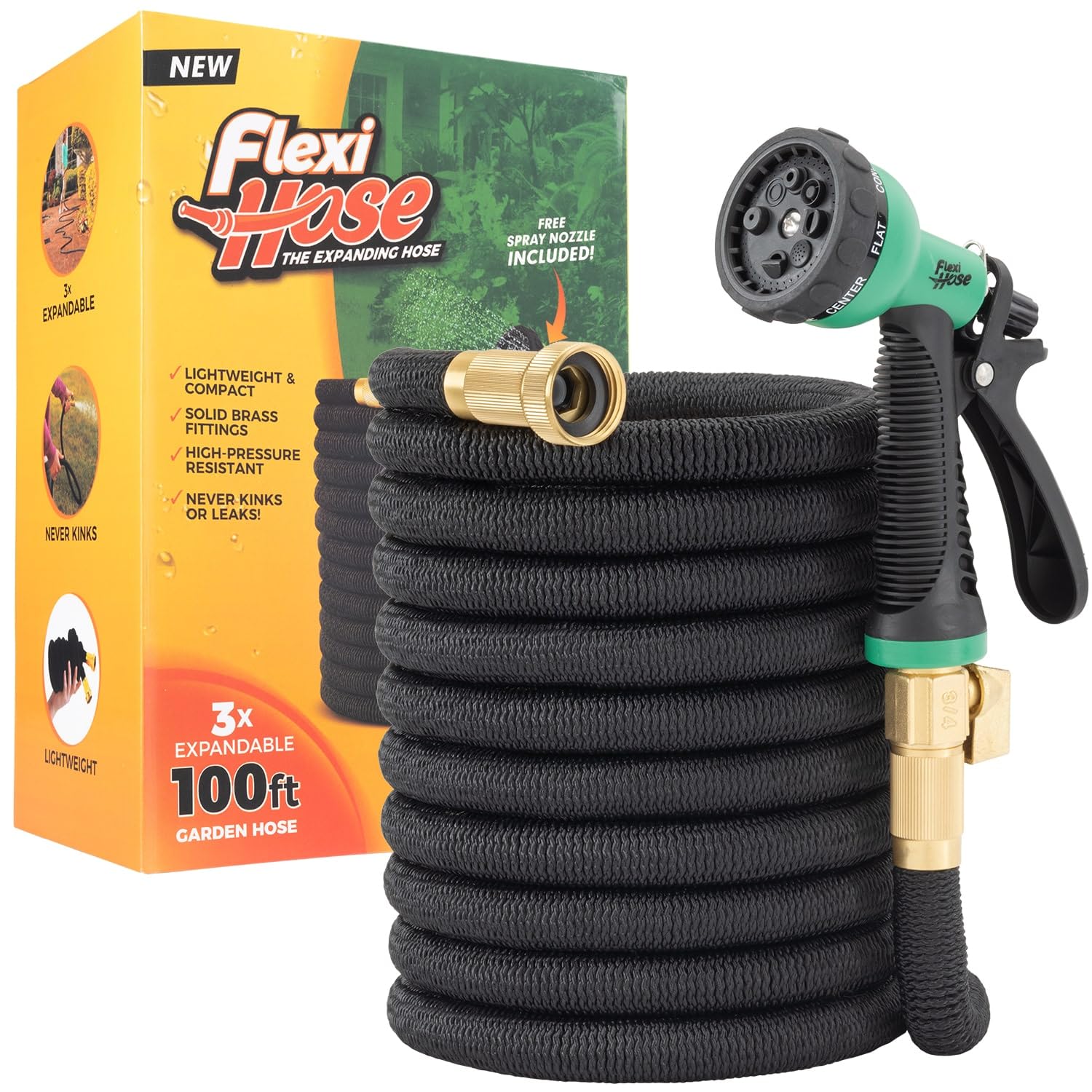 Flexi Hose Expandable Garden Hose with 8 Function Nozzle, 50FT - Lightweight Retractable Garden Hose, Water Hose - No-Kink Flexibility, 3/4 Inch Solid Brass Fittings and Double Latex Core