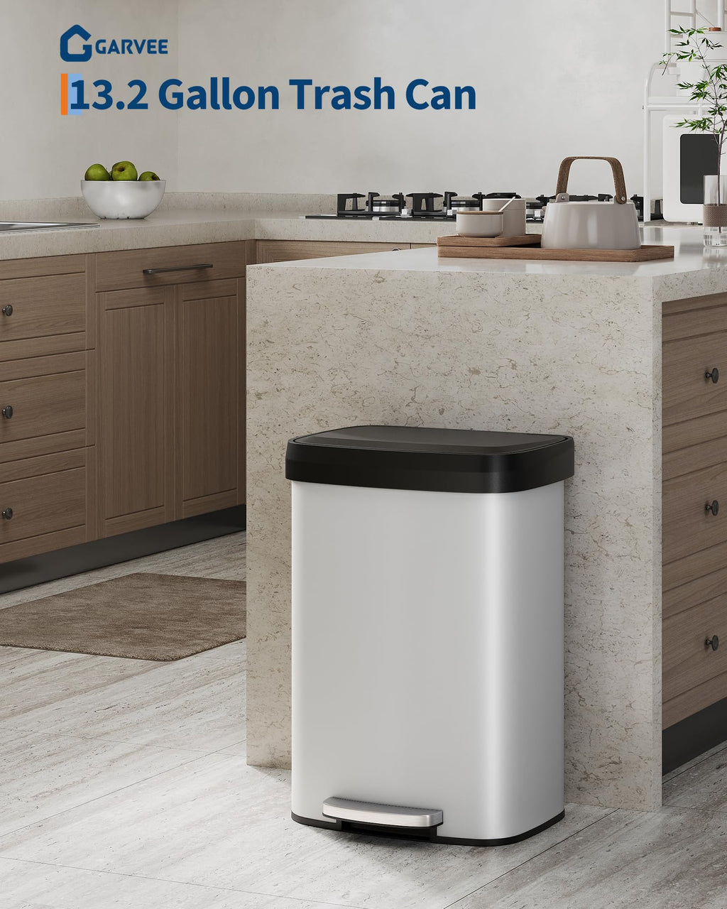 Garvee 13 gal / 50 L Stainless Steel Trash Can with Lid, Large Garbage Can for Kitchen, Rustproof Step-on Kitchen Metal Trash Bin with Liner Rim, Rear Handle, Soft Close Plastic Lid, Silver