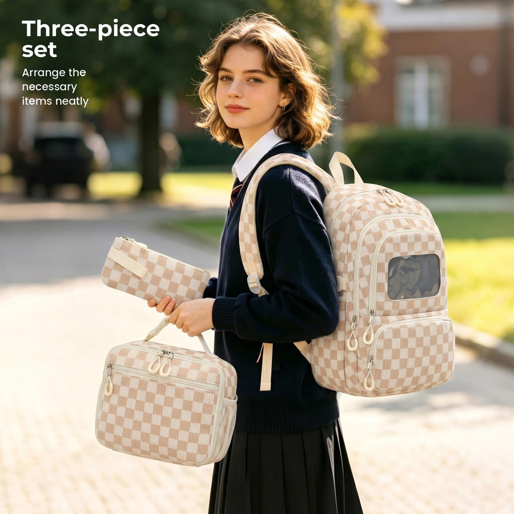Corduroy School Backpack Set for Girls Boys Women, 3Pcs Kids Bookbag with Lunch Box & Pencil Pouch, Elementary Middle High School College Daypack 15.6" Laptop Bag for Work Travel, Leopard Brown