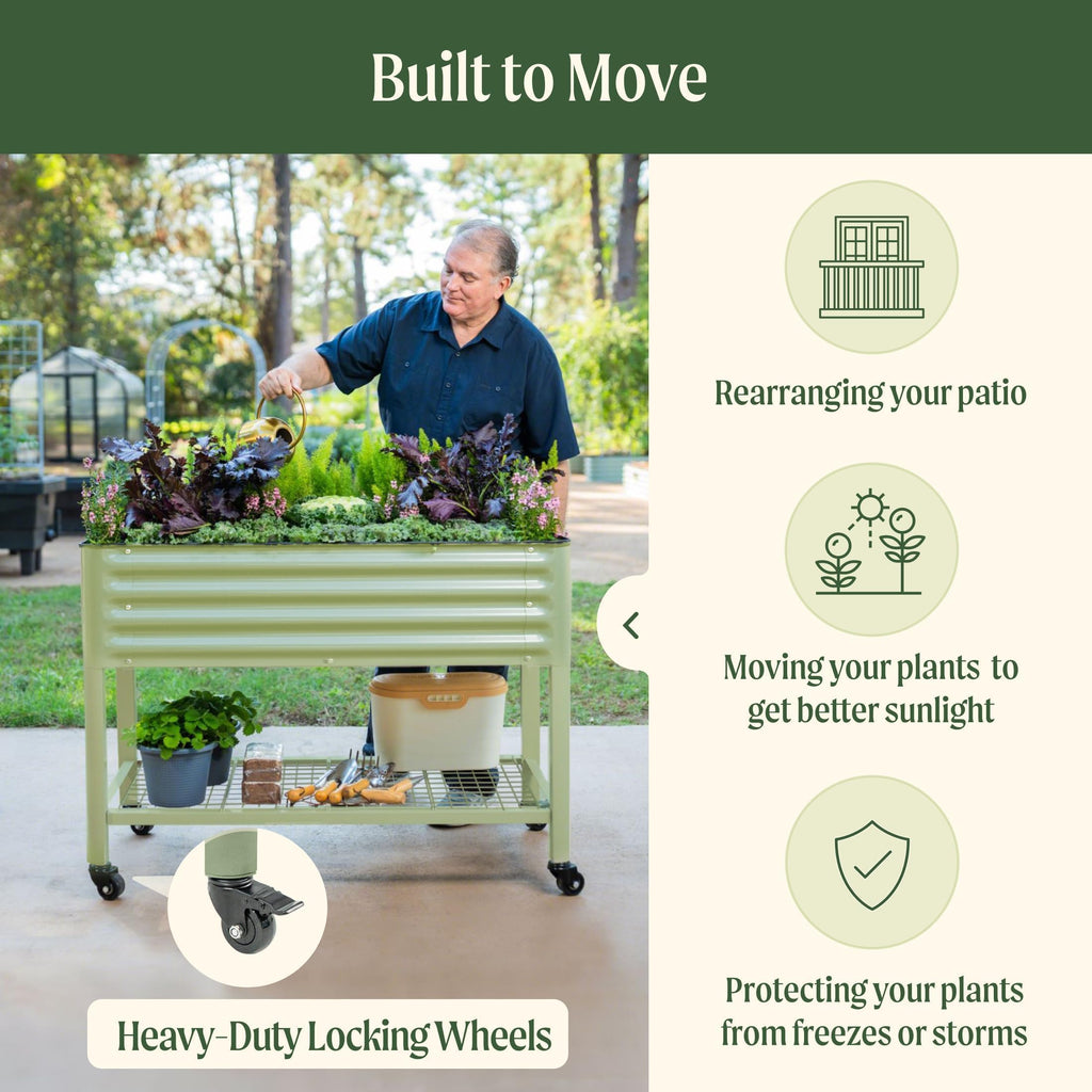 Rolling Elevated Raised Garden Bed, 2' x 4' Outdoor Planters Boxes with Legs & Storage Rack for Patio, 700 Lbs Weight Capacity, Raised Beds for Gardening Herbs Flowers, Pearl White