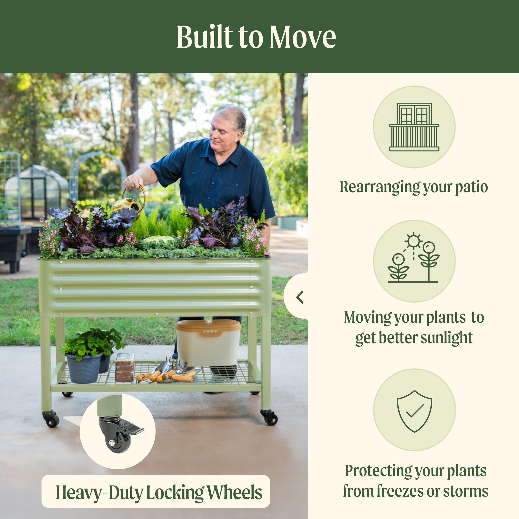 Rolling Elevated Raised Garden Bed, 2' x 4' Outdoor Planters Boxes with Legs & Storage Rack for Patio, 700 Lbs Weight Capacity, Raised Beds for Gardening Herbs Flowers, Pearl White