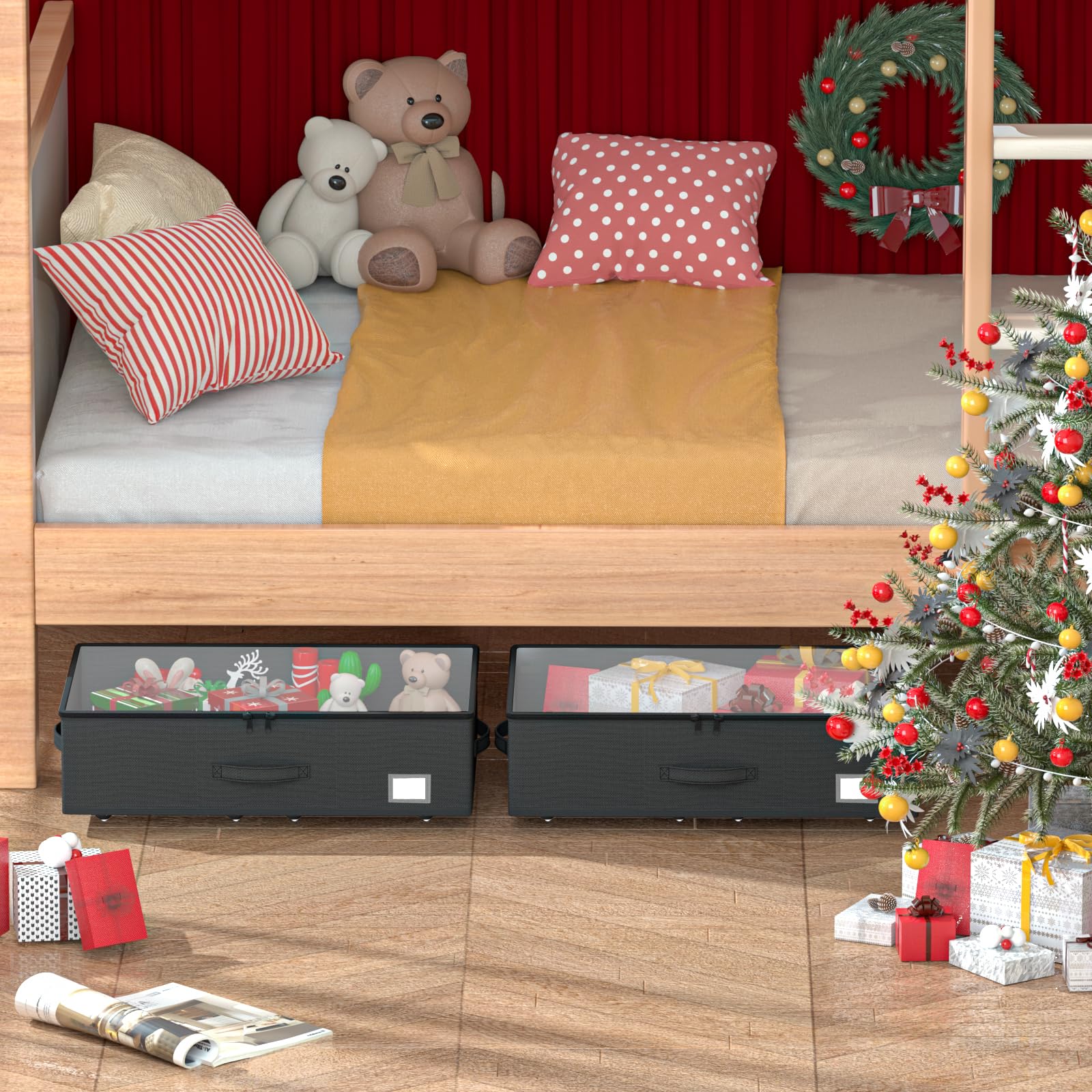 EE-RoomWorld Under Bed Storage with Wheels, No Assemble Required 10 inches height Under Bed Storage bins,Large capacity Rolling Underbed Shoe Storage containers，dorm underbed storage drawers