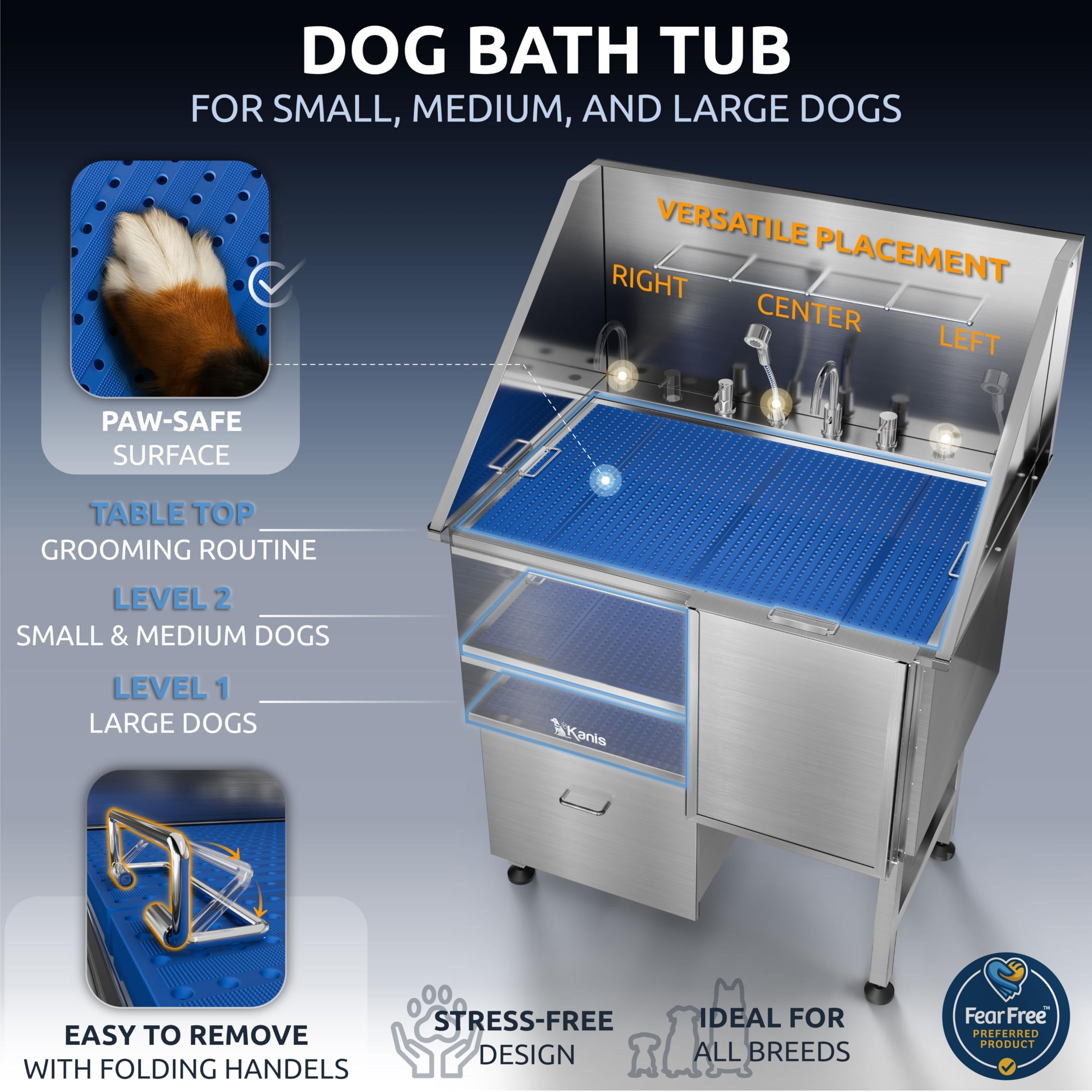 KANIS Professional Dog Washing Station 304 Stainless Steel Pet Wash Sink & Grooming Bathtub w/Shower, Floor Grates and Storage for Large, Medium & Small Pets (Silver, 50 Inches, Right Ramp, 1 Drawer)