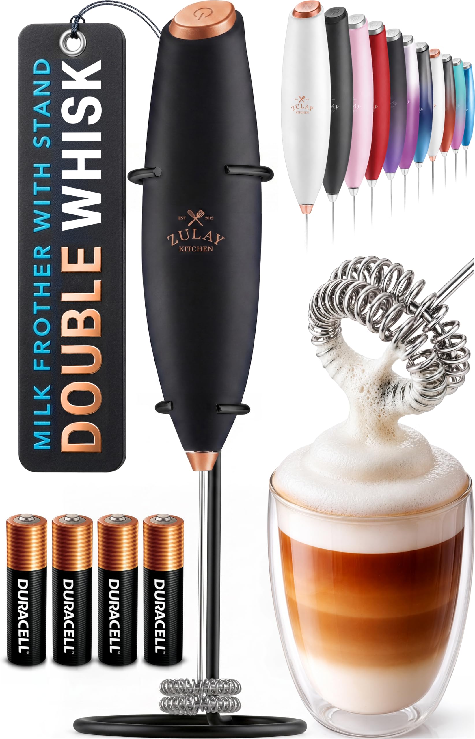 Zulay Kitchen Powerful Milk Frother Wand With Duracell Batteries - Ultra Fast Handheld Drink Mixer - Electric Whisk Foam Maker for Coffee, Lattes, Cappuccino & Matcha - Z1 Motor - Black