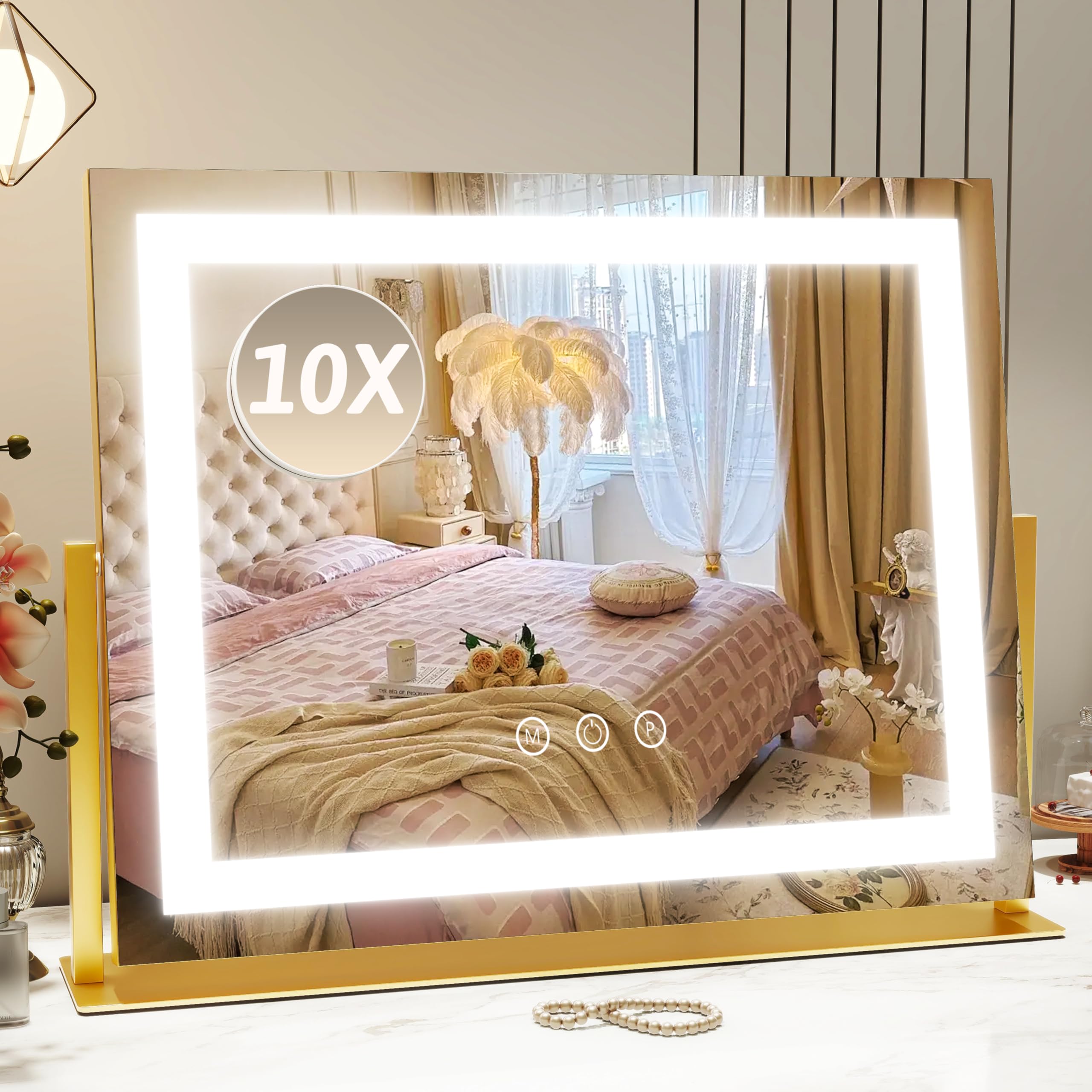 ROLOVE Vanity Mirror with Lights, 12.6"x15" LED Makeup Mirror with Lights, Smart Touch Control 3 Color Dimmable, Lighted Desk Mirror for Bedroom, Light Up Mirror