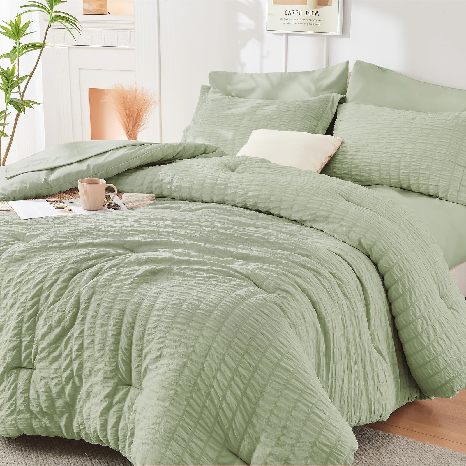 HYMOKEGE Twin XL Comforter Set Seersucker 5 Pieces, All Season Luxury Bed in a Bag for Bedroom, Bedding Set with Comforter, Sheet, Pillowcase & Sham, Dark Grey