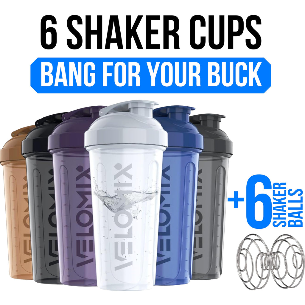 VELOMIX 6 Pack 28 oz Protein Shaker Bottle for Mixes - 6 Wire Whisk Balls | Leak Proof Cups for Supplements | BPA-Free Gym & Fitness (Earth Tones Collection)