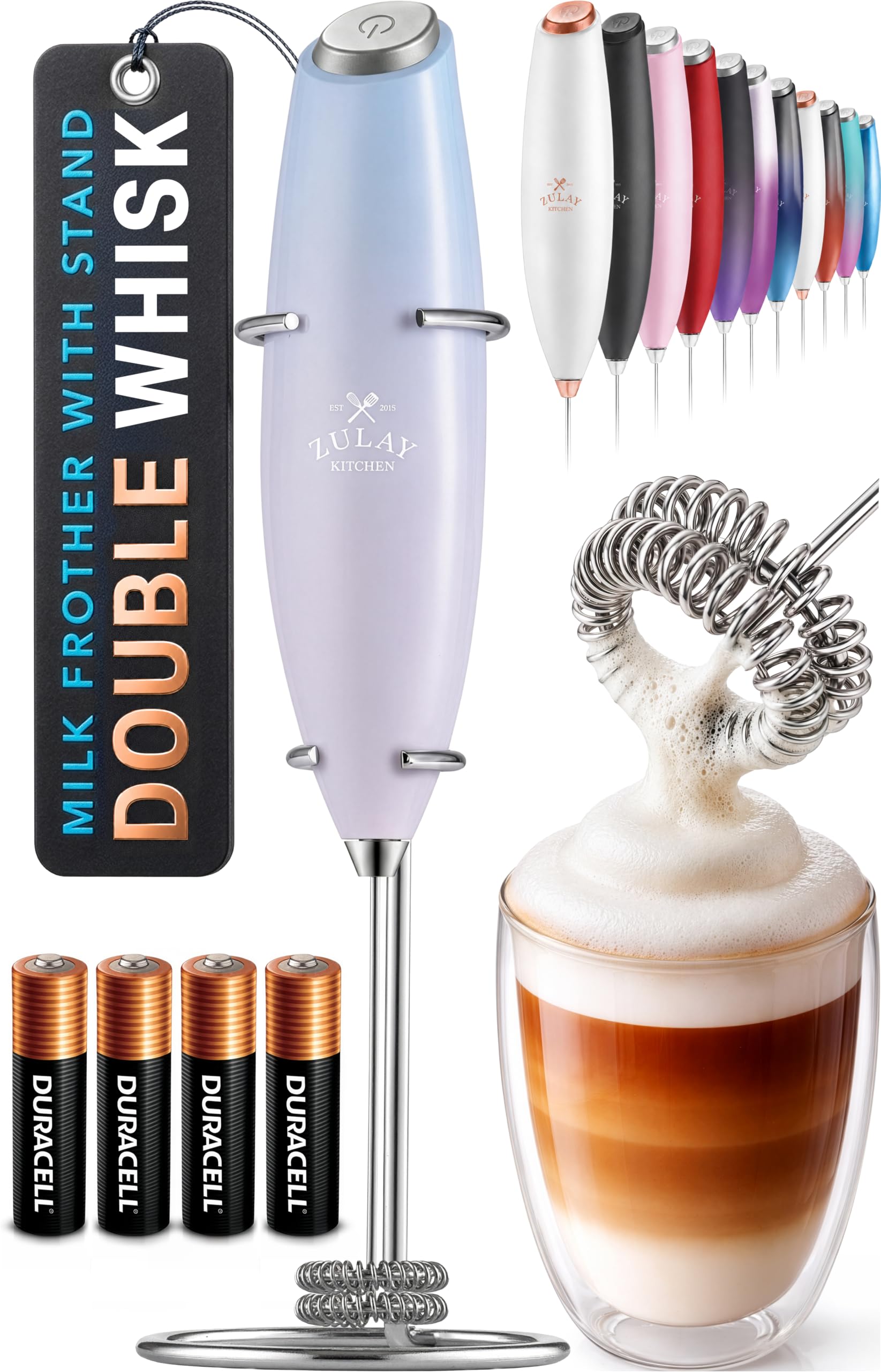 Zulay Kitchen Powerful Milk Frother Wand With Duracell Batteries - Ultra Fast Handheld Drink Mixer - Electric Whisk Foam Maker for Coffee, Lattes, Cappuccino & Matcha - Z1 Motor - Black
