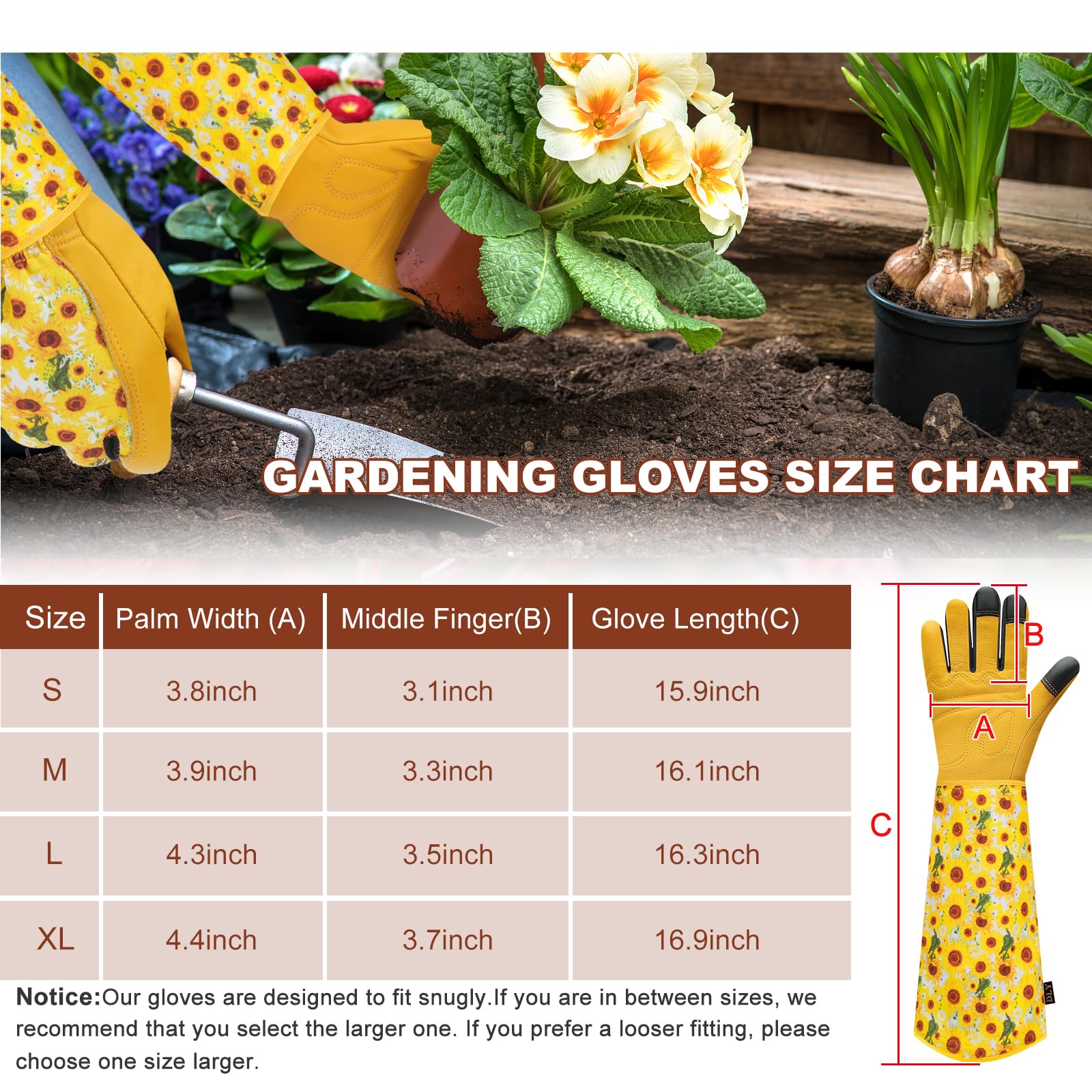 DLY Garden Gloves for Women,Gardening Gloves,Gardening Gift for Lady,Blue,M | Thornproof Cowhide Palm, Foam-Padded Grip, Long Sunflower Print Cuff, 3-Finger Touchscreen, Rose Pruning, Weeding & Yard Work