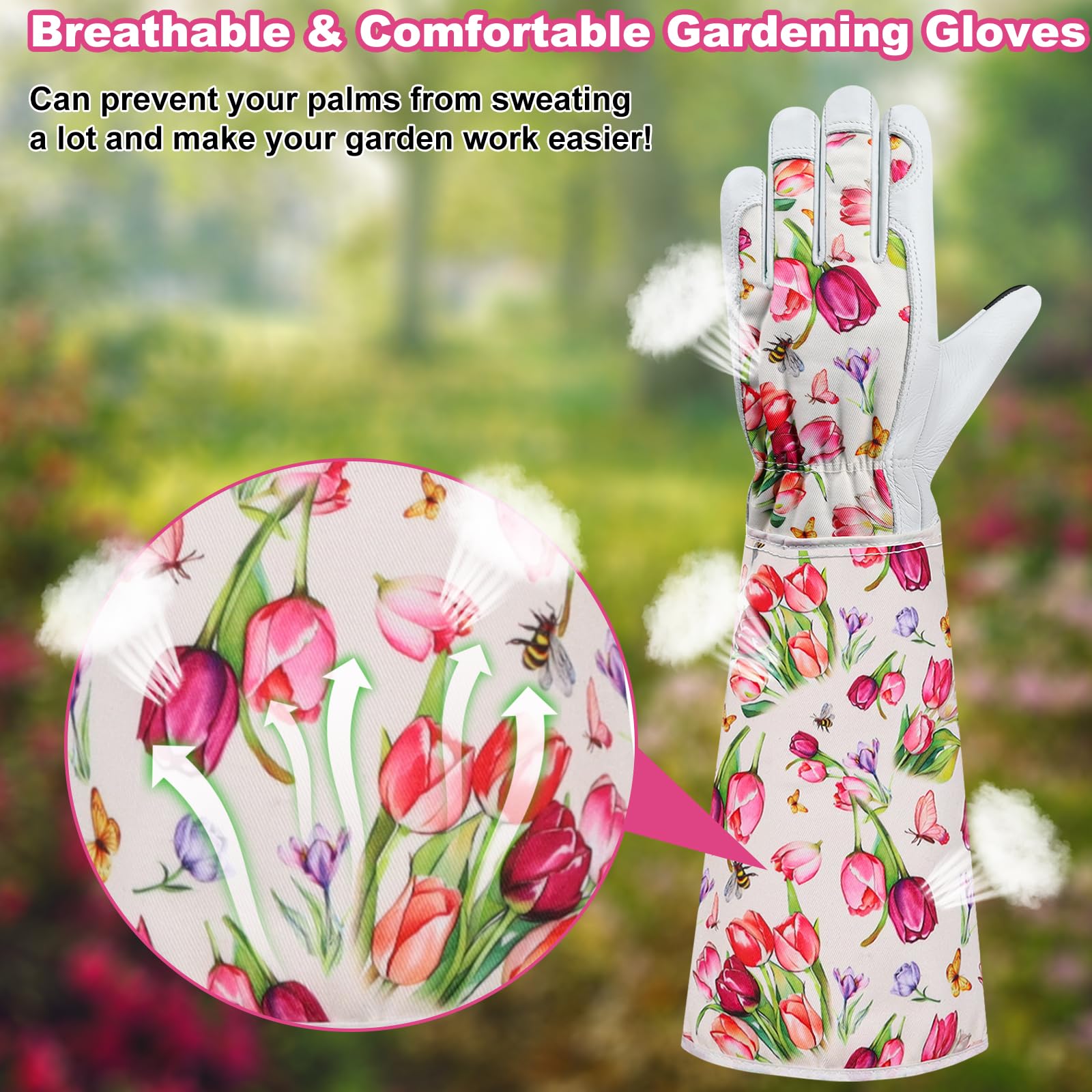 DLY Garden Gloves for Women,Gardening Gloves,Gardening Gift for Lady,Blue,M | Thornproof Cowhide Palm, Foam-Padded Grip, Long Sunflower Print Cuff, 3-Finger Touchscreen, Rose Pruning, Weeding & Yard Work