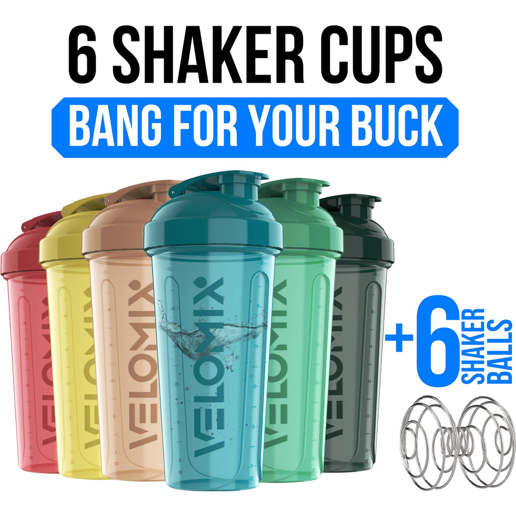 VELOMIX 6 Pack 28 oz Protein Shaker Bottle for Mixes - 6 Wire Whisk Balls | Leak Proof Cups for Supplements | BPA-Free Gym & Fitness (Earth Tones Collection)