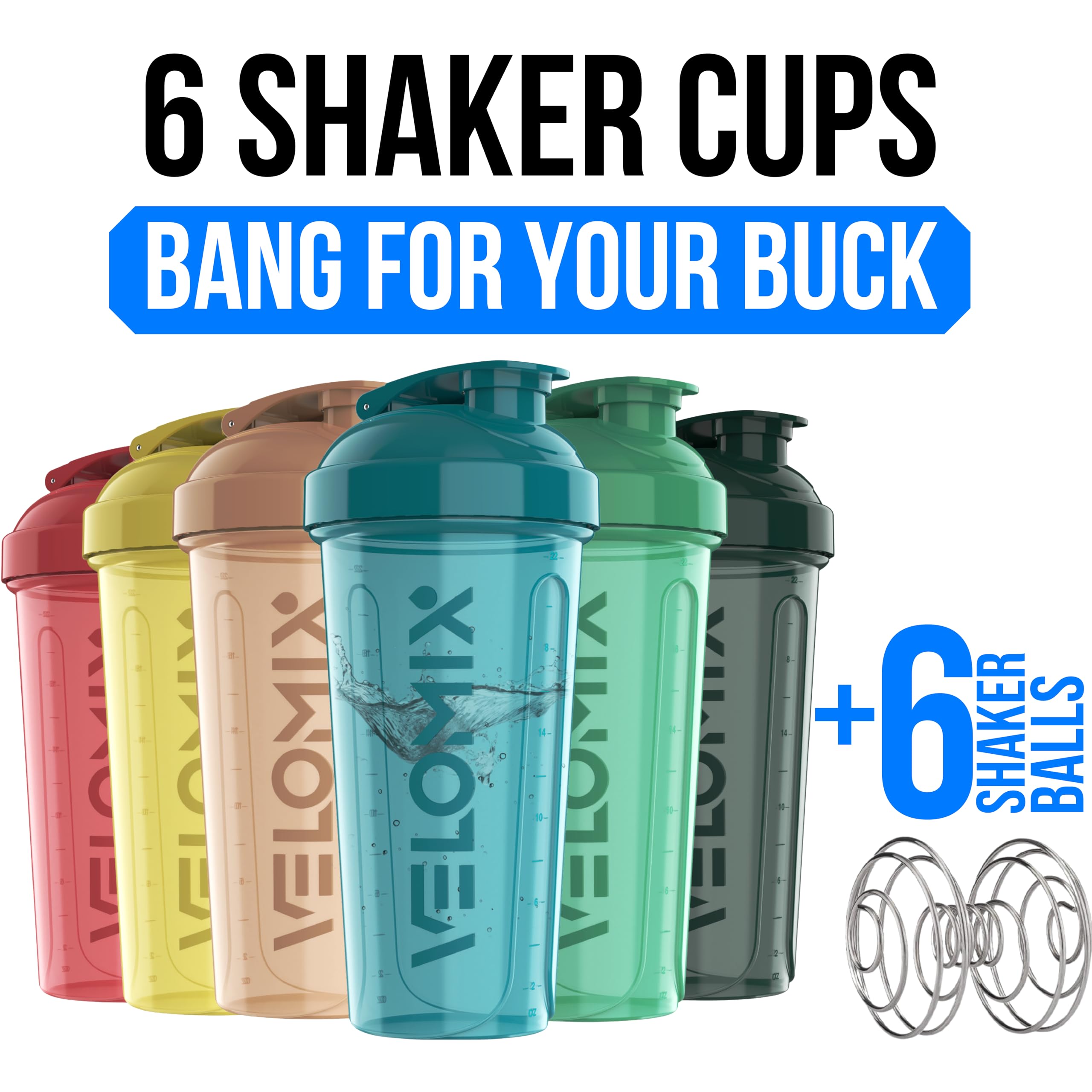 VELOMIX 6 Pack 28 oz Protein Shaker Bottle for Mixes - 6 Wire Whisk Balls | Leak Proof Cups for Supplements | BPA-Free Gym & Fitness (Earth Tones Collection)
