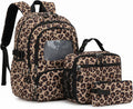 Corduroy School Backpack Set for Girls Boys Women, 3Pcs Kids Bookbag with Lunch Box & Pencil Pouch, Elementary Middle High School College Daypack 15.6" Laptop Bag for Work Travel, Leopard Brown