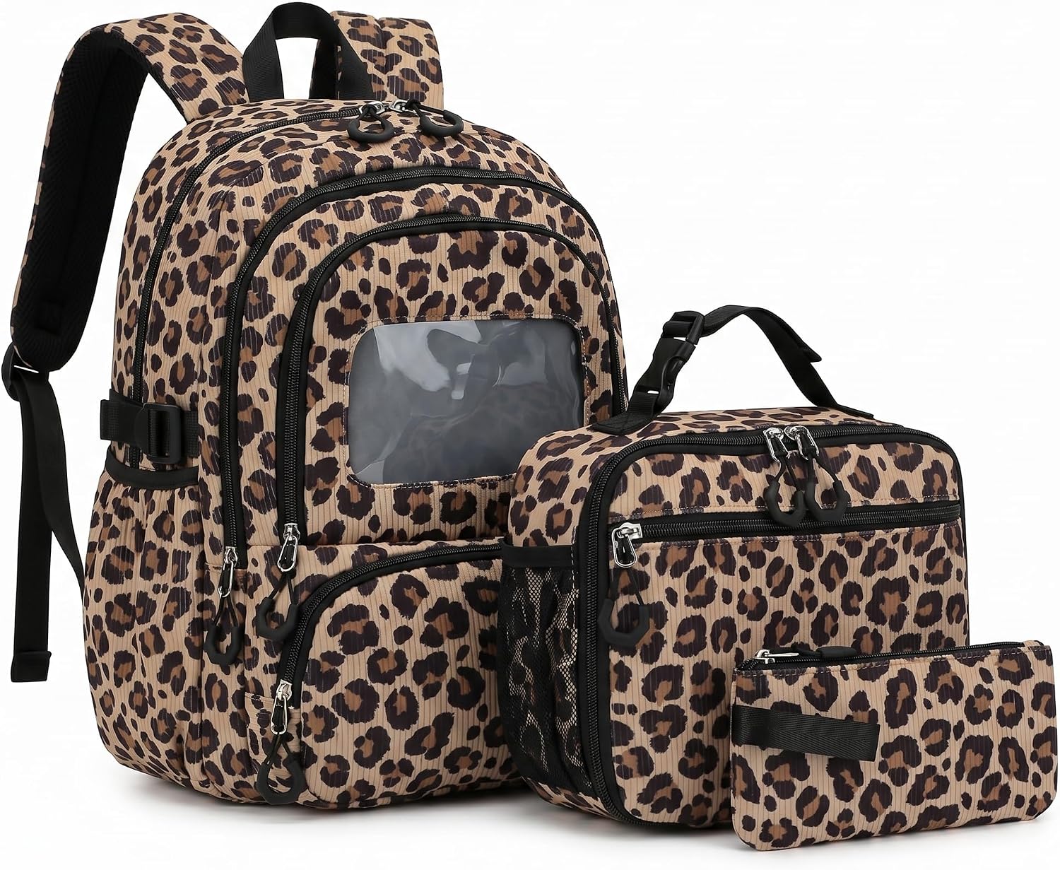 Corduroy School Backpack Set for Girls Boys Women, 3Pcs Kids Bookbag with Lunch Box & Pencil Pouch, Elementary Middle High School College Daypack 15.6" Laptop Bag for Work Travel, Leopard Brown