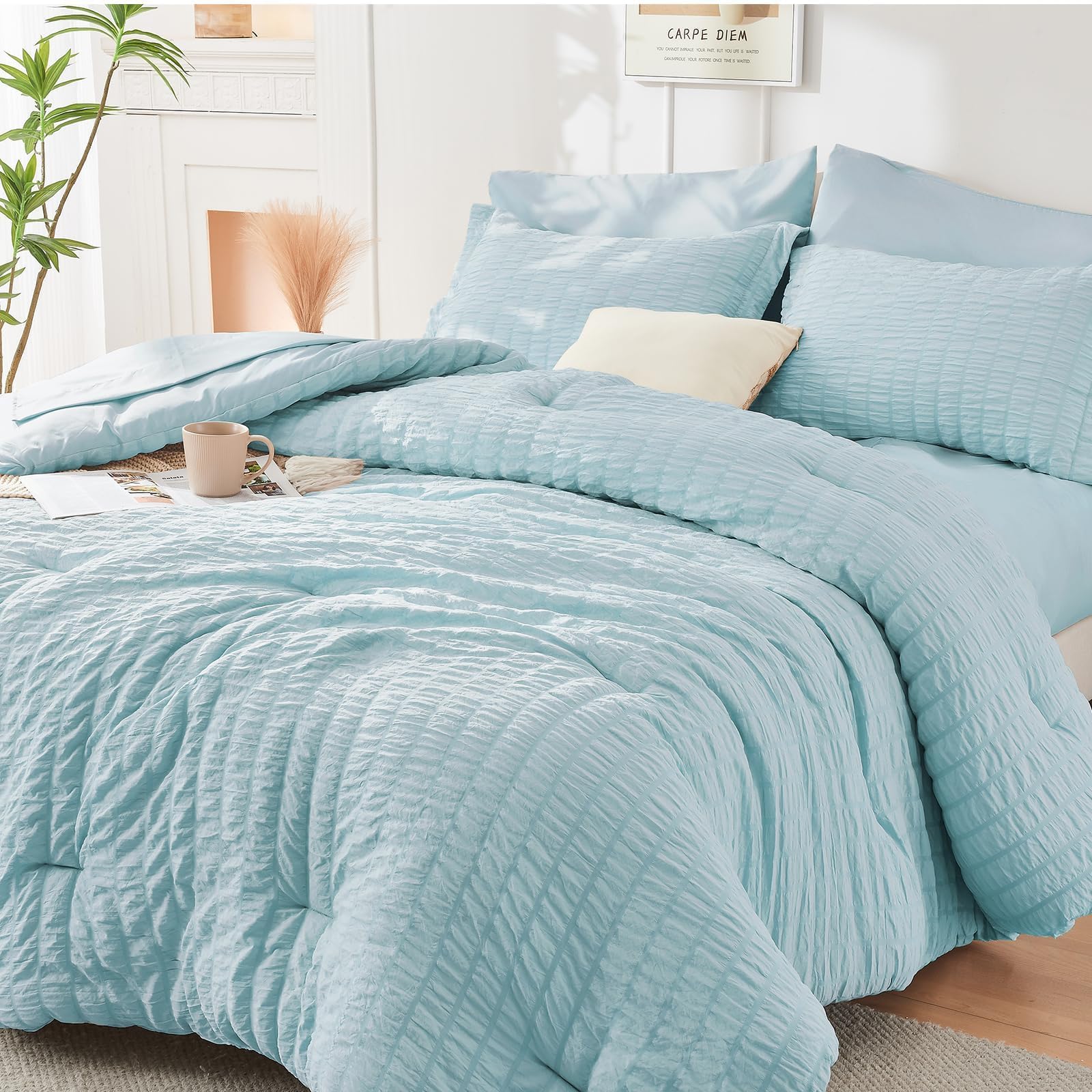 HYMOKEGE Twin XL Comforter Set Seersucker 5 Pieces, All Season Luxury Bed in a Bag for Bedroom, Bedding Set with Comforter, Sheet, Pillowcase & Sham, Dark Grey