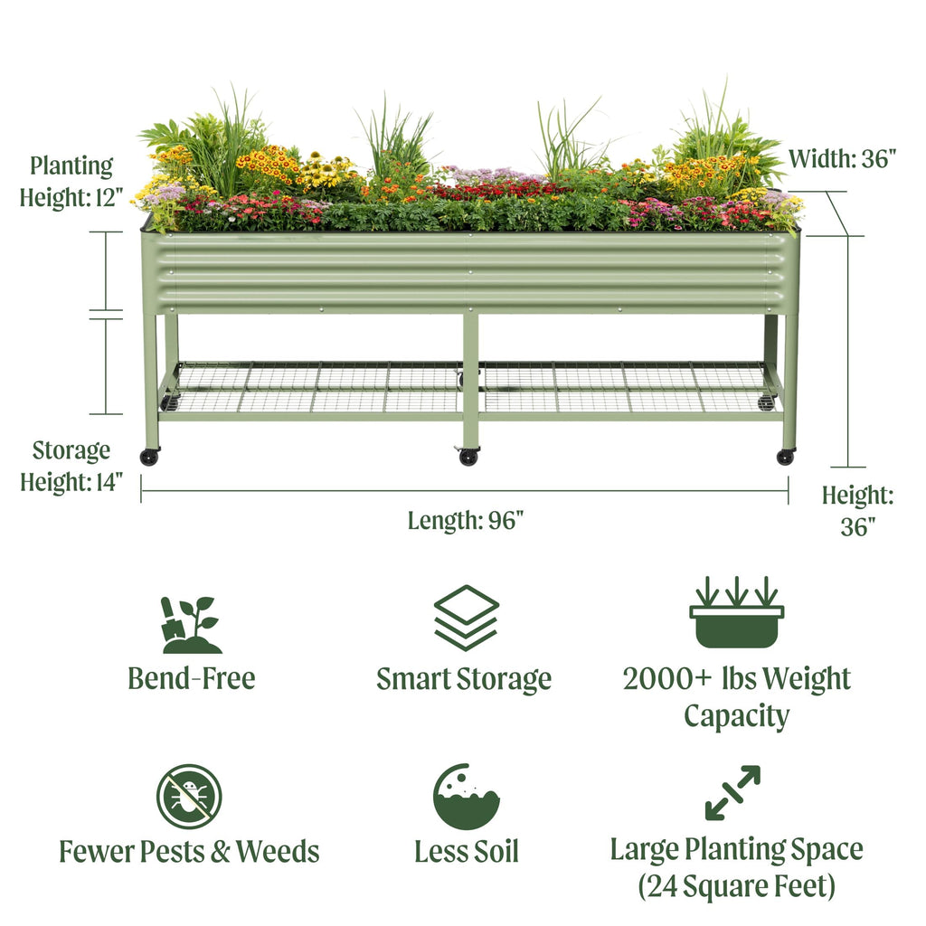 Rolling Elevated Raised Garden Bed, 2' x 4' Outdoor Planters Boxes with Legs & Storage Rack for Patio, 700 Lbs Weight Capacity, Raised Beds for Gardening Herbs Flowers, Pearl White