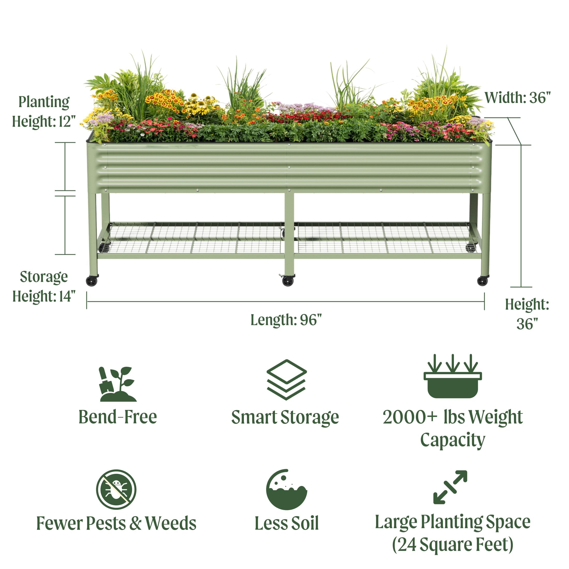 Rolling Elevated Raised Garden Bed, 2' x 4' Outdoor Planters Boxes with Legs & Storage Rack for Patio, 700 Lbs Weight Capacity, Raised Beds for Gardening Herbs Flowers, Pearl White