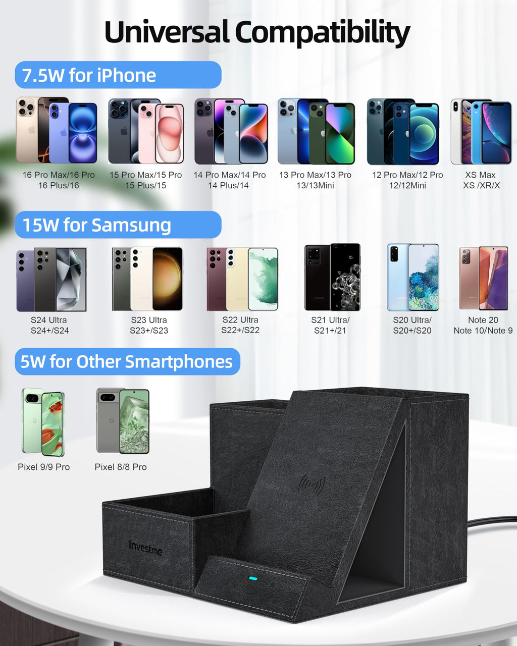 Wireless Charger with Desk Organizer, Pen Pencil Holder, Multifunctional Desktop Organizer, Office Supplies and Desk Accessories Organizer with 3 Compartments and 1 Phone Stand