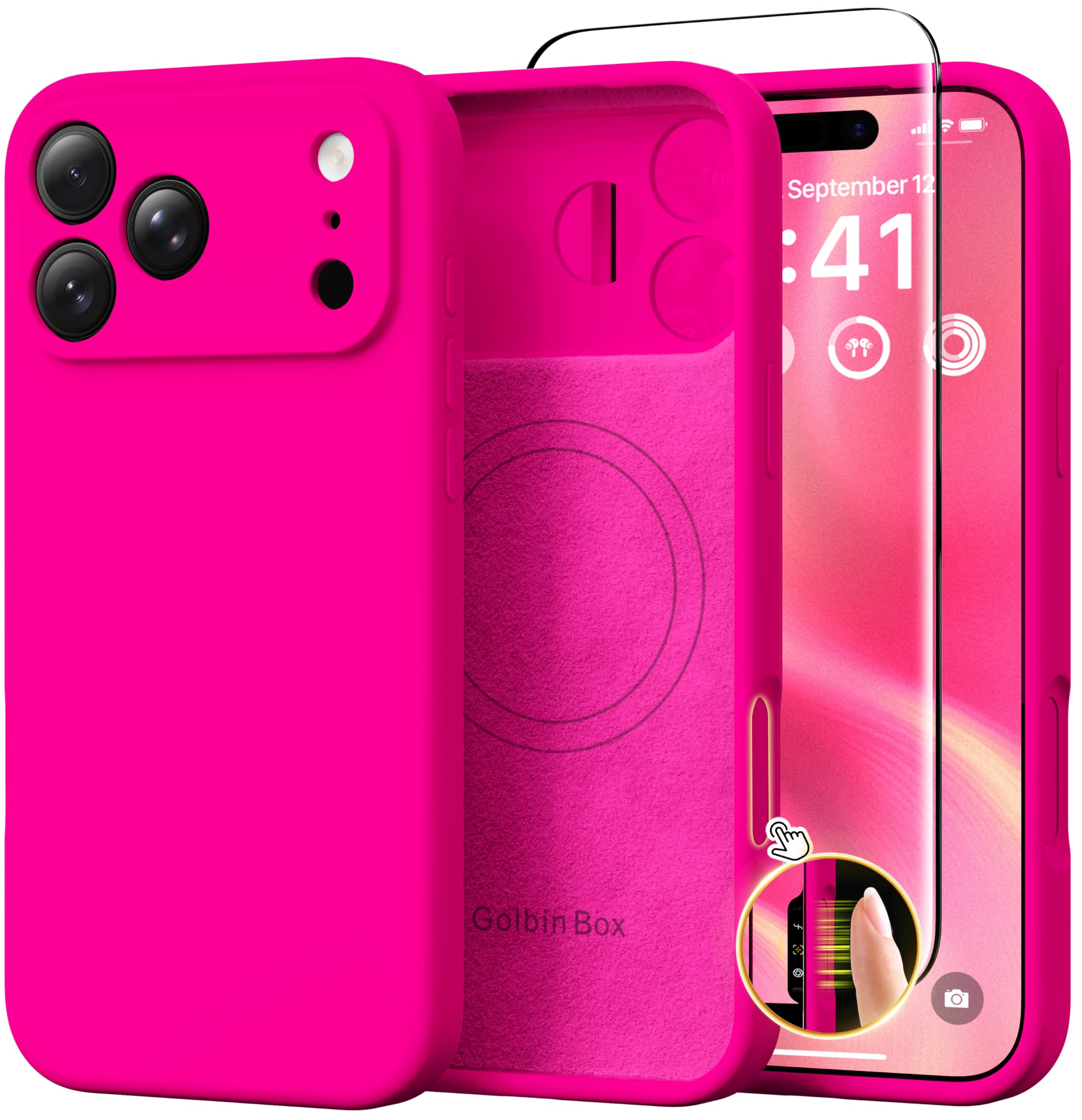 GolbinBox Magnetic for iPhone 17 Pro Max Case, Compatible with MagSafe, [Full Camera Protection] [Screen Protector], Silicone Shockproof Phone Cover with Anti-Scratch Microfiber Lining, Chalk Pink