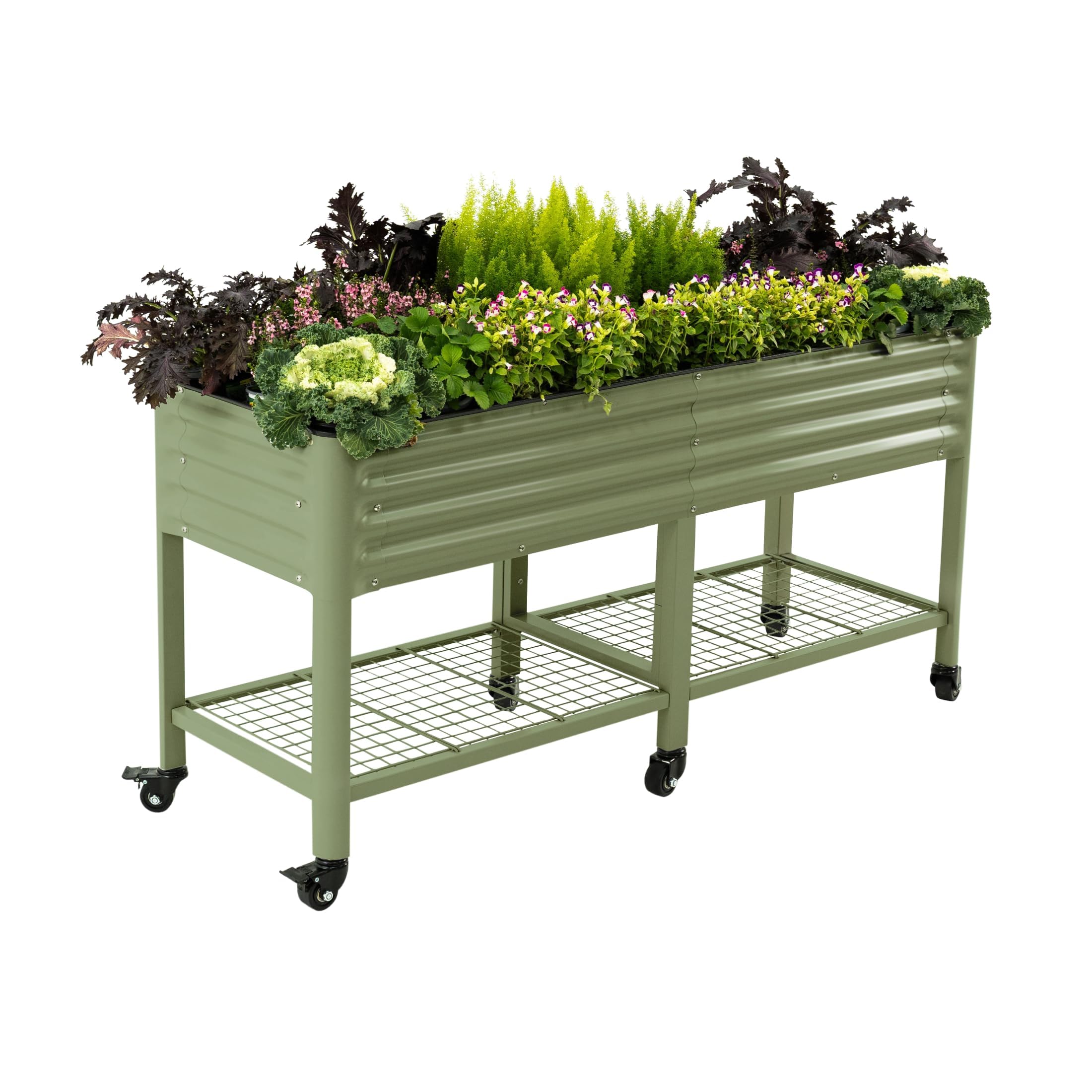 Rolling Elevated Raised Garden Bed, 2' x 4' Outdoor Planters Boxes with Legs & Storage Rack for Patio, 700 Lbs Weight Capacity, Raised Beds for Gardening Herbs Flowers, Pearl White